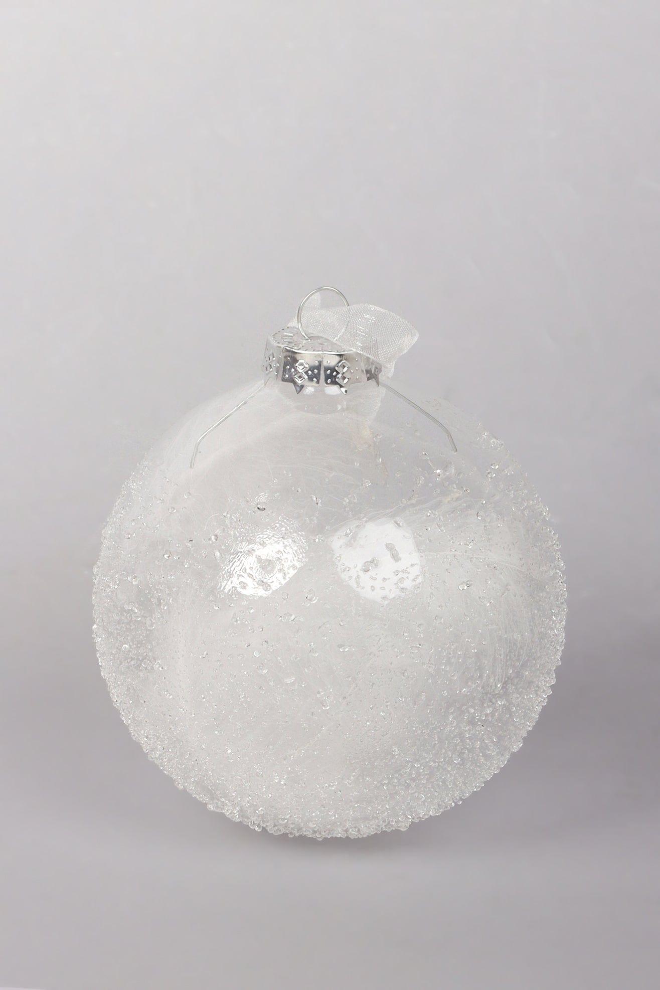 Frosted Effect Glass Christmas Bauble with Real Feathers Insert Large Snowy Tree Ornament Decoration - G Decor
