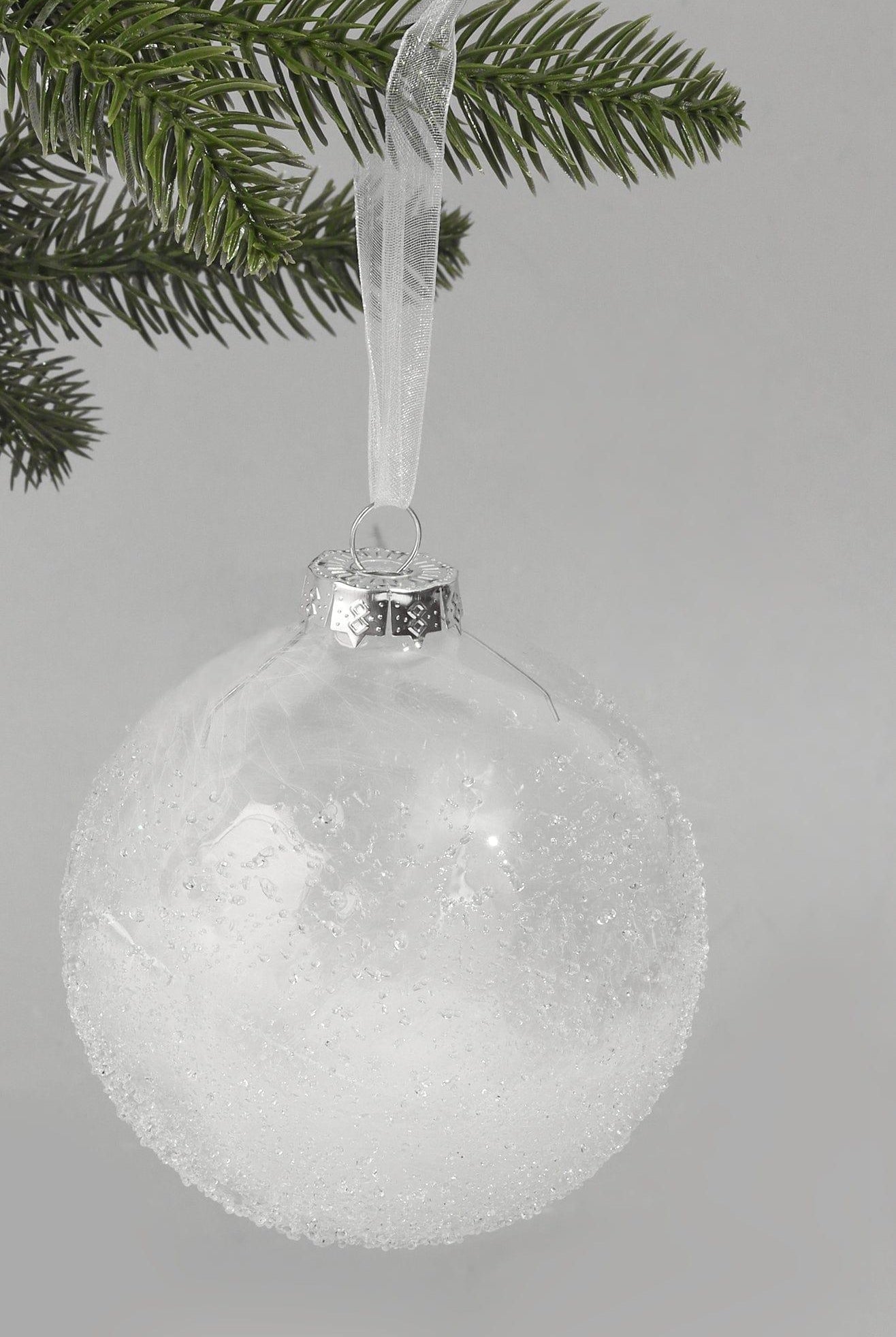 Frosted Effect Glass Christmas Bauble with Real Feathers Insert Large Snowy Tree Ornament Decoration - G Decor
