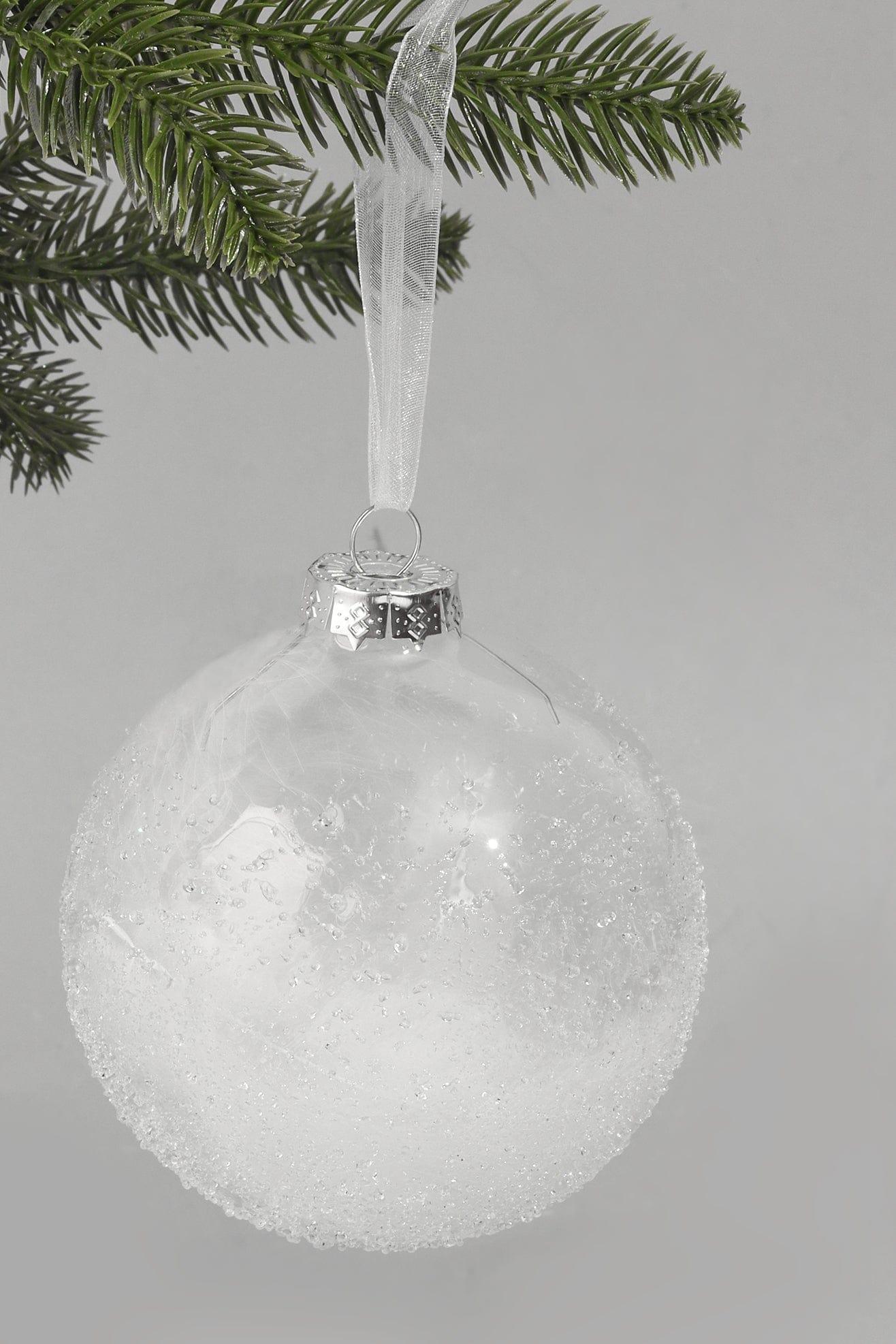 Frosted Effect Glass Christmas Bauble with Real Feathers Insert Large Snowy Tree Ornament Decoration - G Decor
