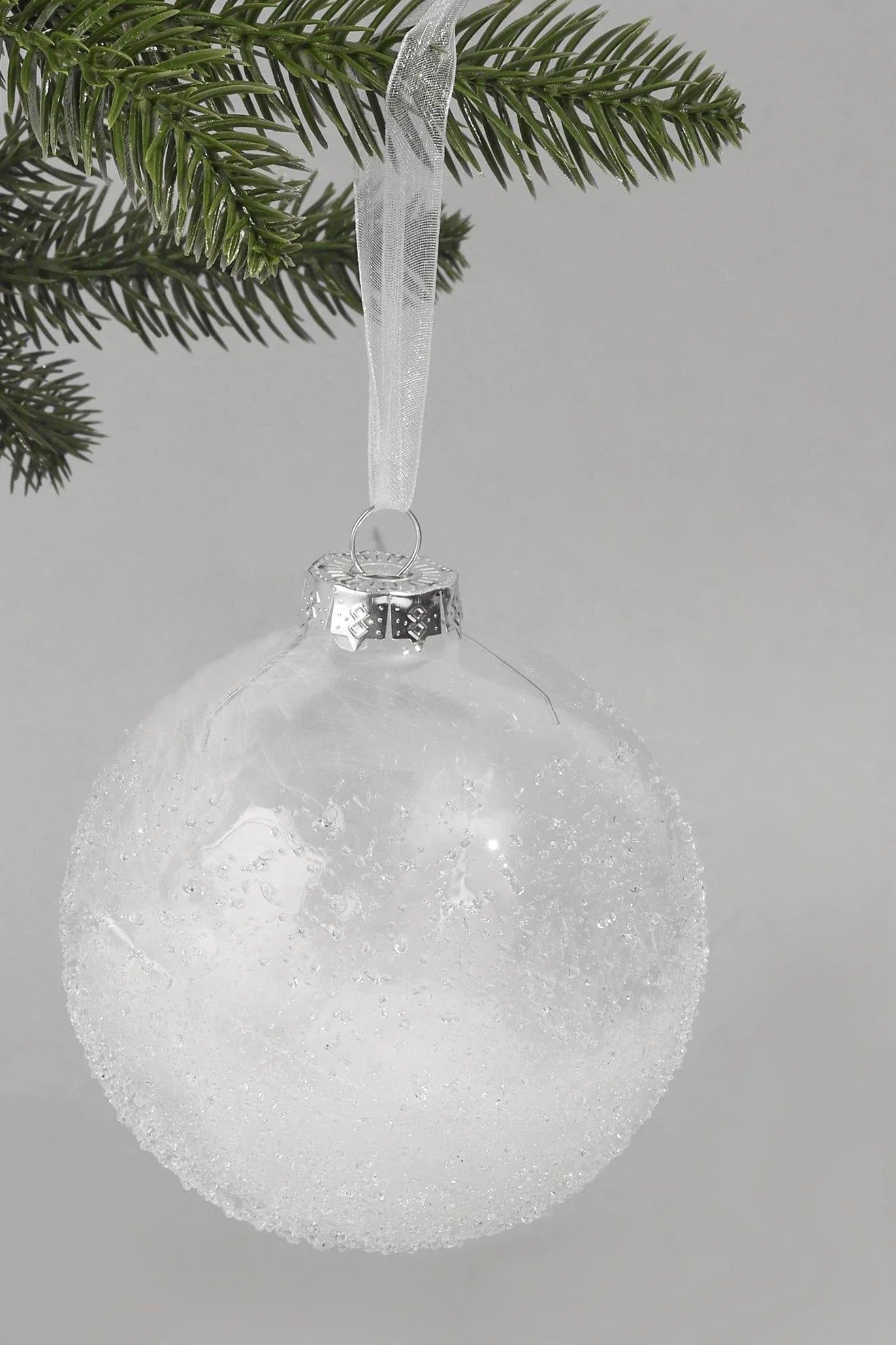 frosted-effect-glass-christmas-bauble-with-real-feathers-insert-large-snowy-tree-ornament-decoration-g-decor-89067 - G Decor