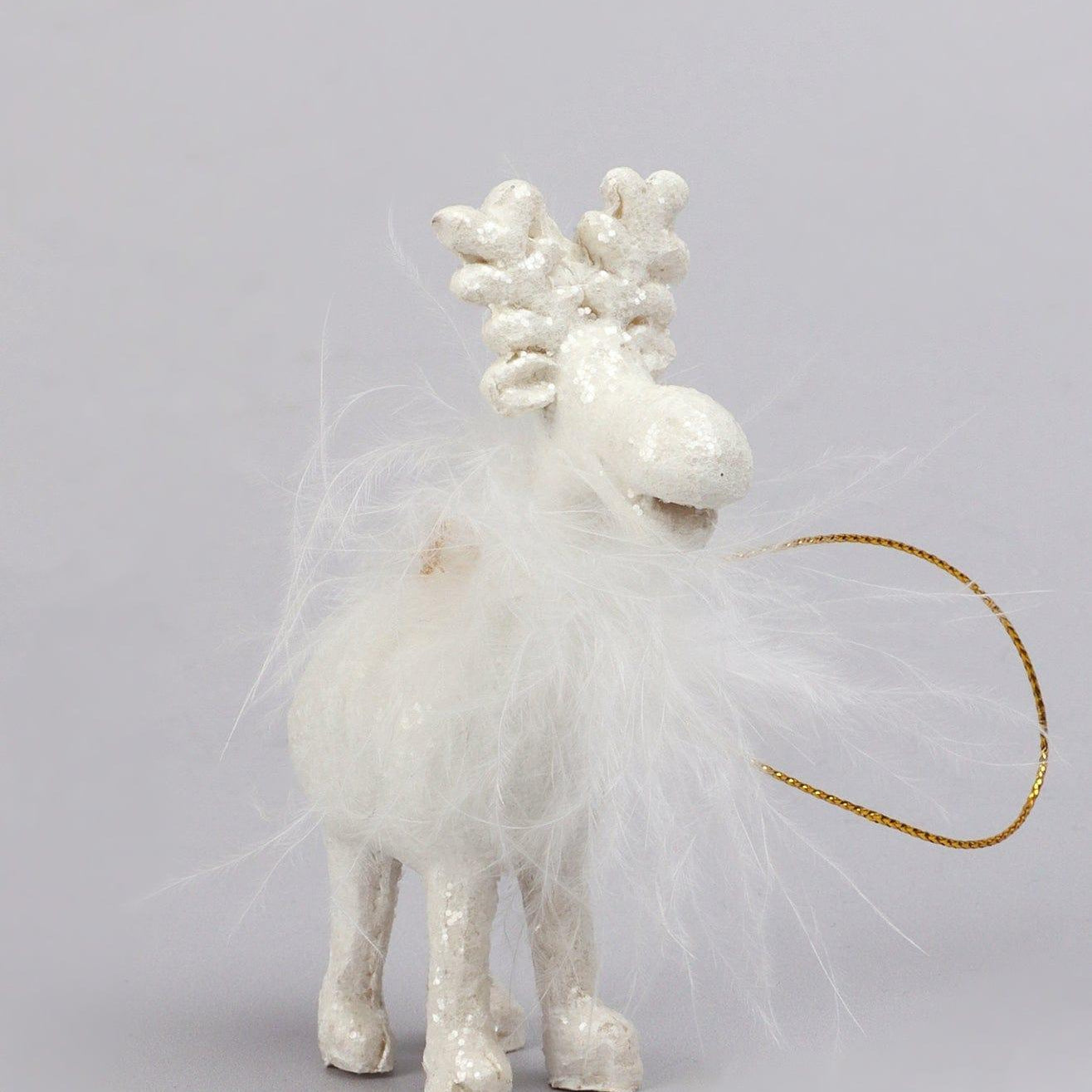Frosted Fluffy White Reindeer Hanging Ornament Festive Tree Hanging Decoration - G Decor