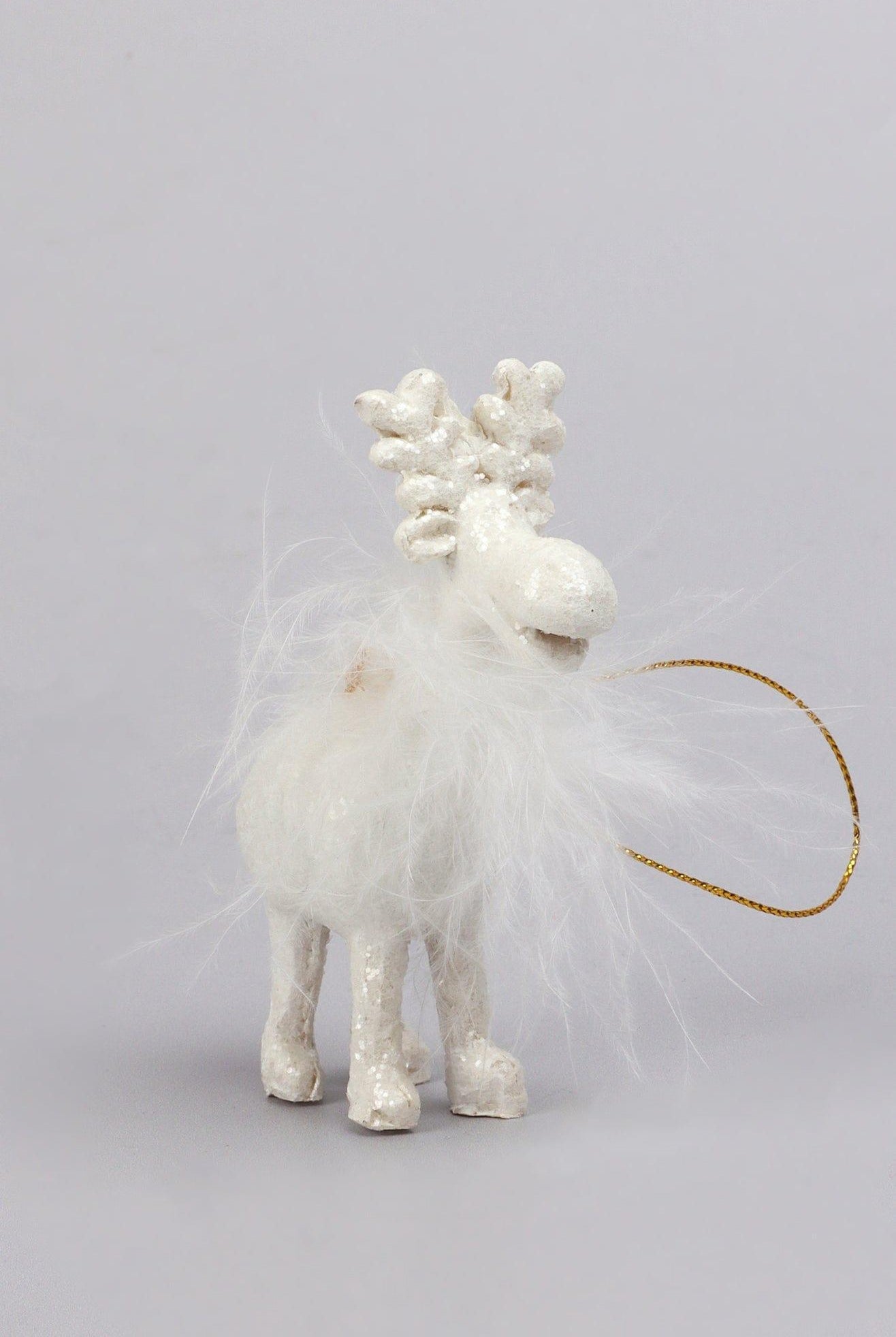 Frosted Fluffy White Reindeer Hanging Ornament Festive Tree Hanging Decoration - G Decor