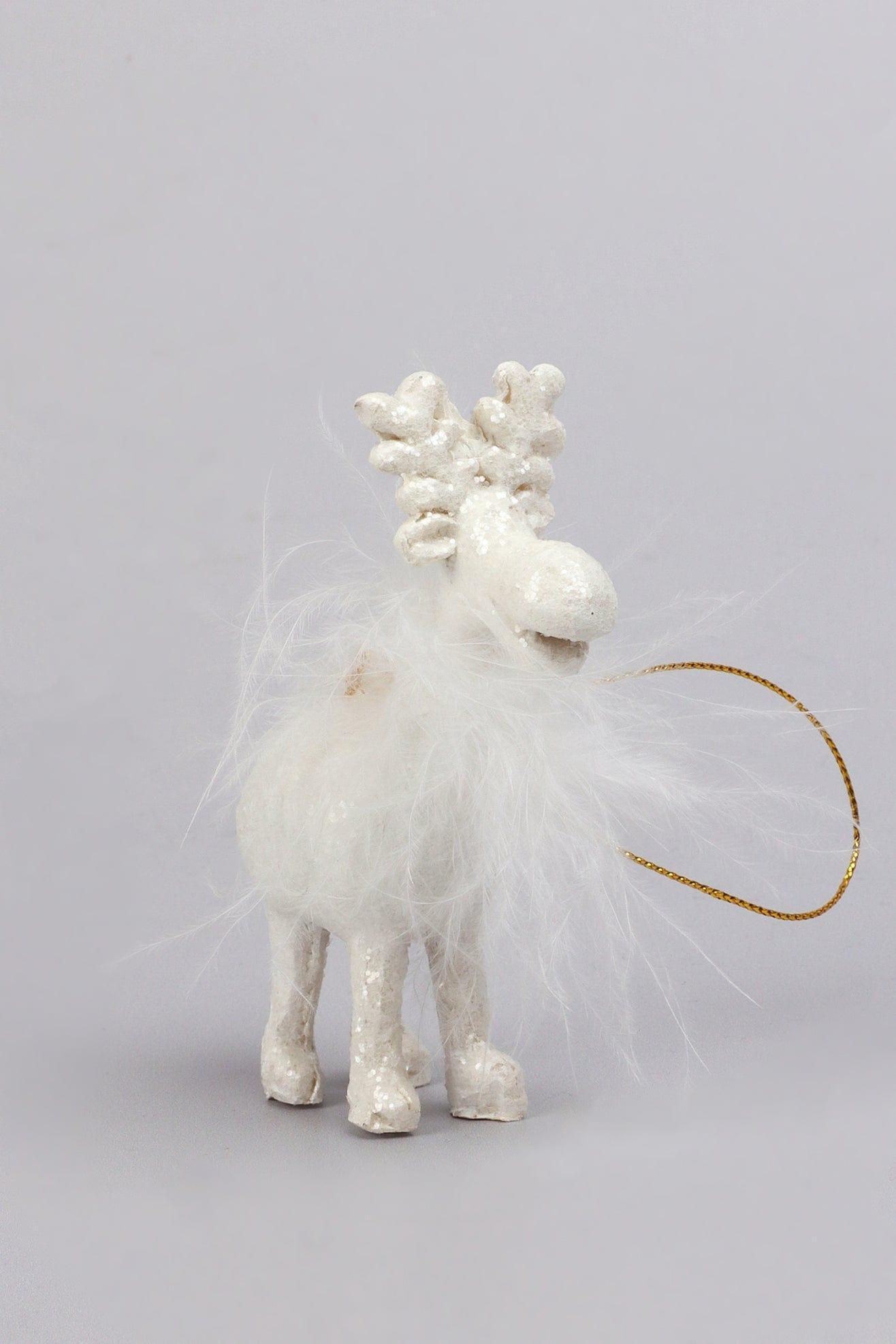 frosted-fluffy-white-reindeer-hanging-ornament-festive-tree-hanging-decoration-g-decor-47341 - G Decor