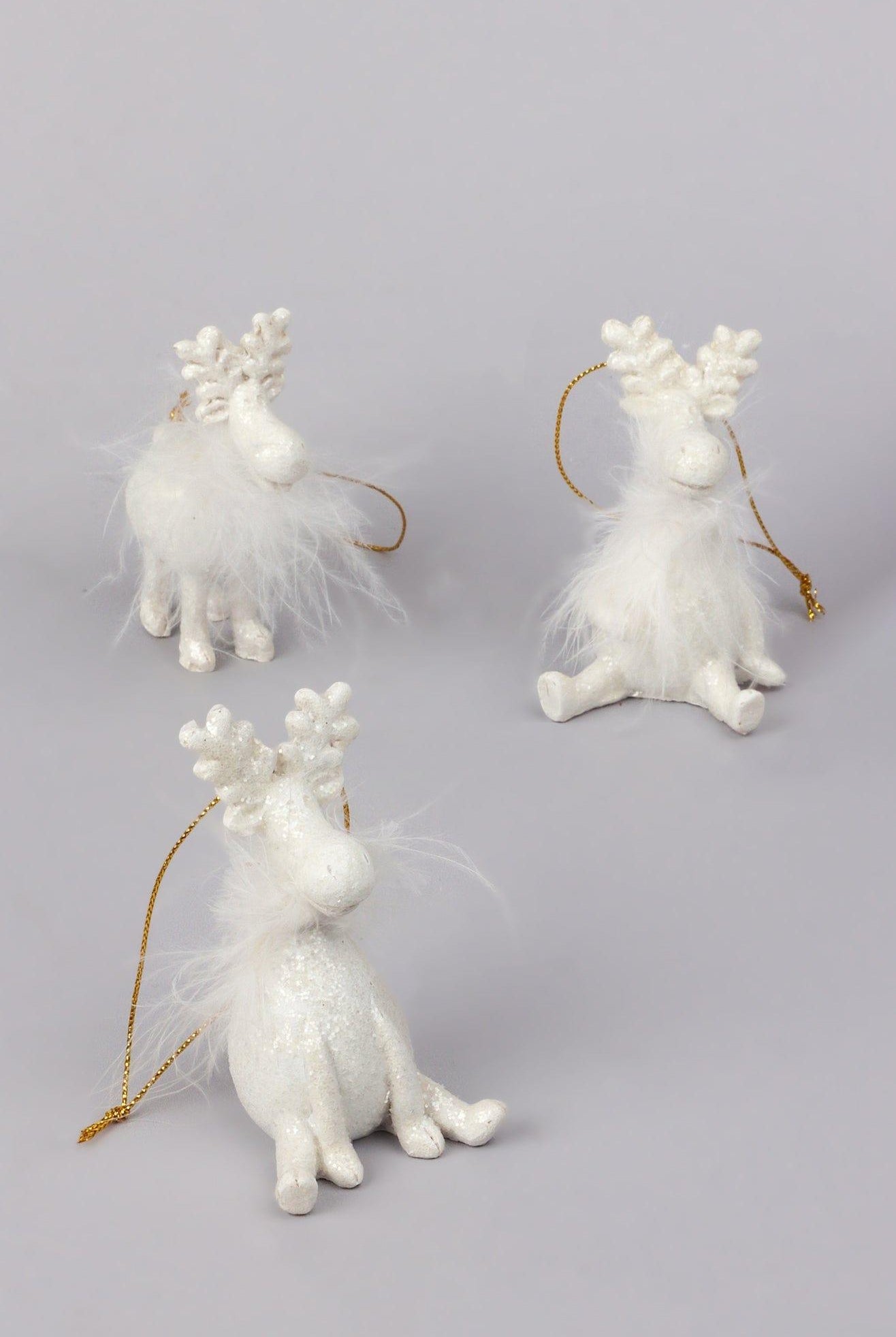 Frosted Fluffy White Reindeer Hanging Ornament Festive Tree Hanging Decoration - G Decor