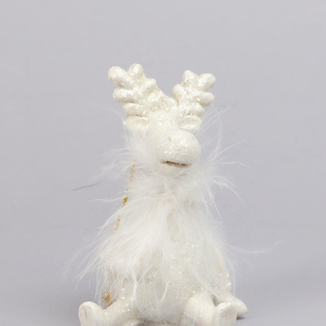 Frosted Fluffy White Reindeer Hanging Ornament Festive Tree Hanging Decoration - G Decor