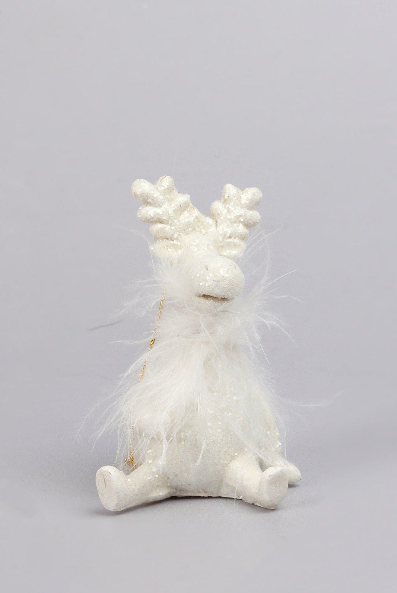 Frosted Fluffy White Reindeer Hanging Ornament Festive Tree Hanging Decoration - G Decor