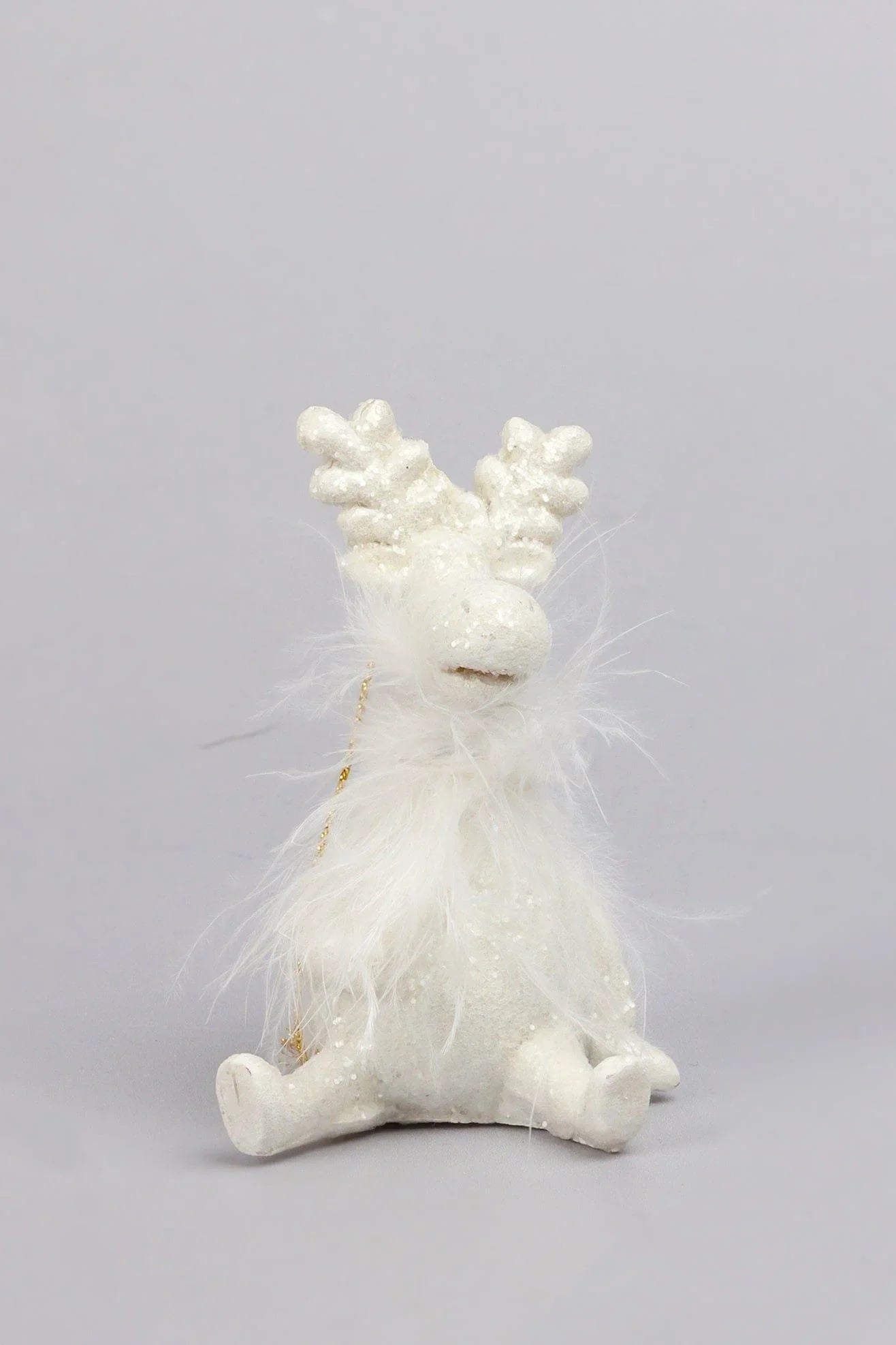 Frosted White Reindeer Christmas Tree Hanging Ornament — close-up view, G Decor