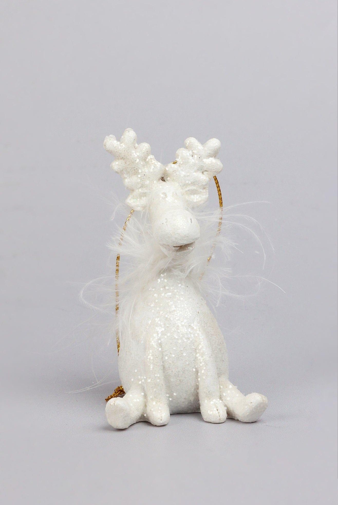 Frosted Fluffy White Reindeer Hanging Ornament Festive Tree Hanging Decoration - G Decor