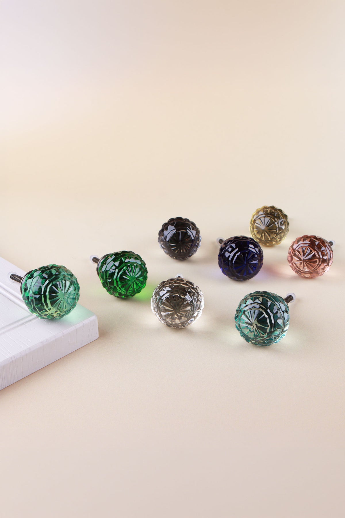 Faceted glass ball cabinet knobs in assorted colours