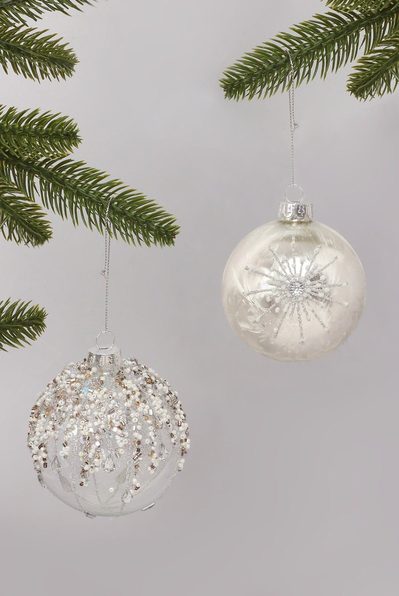 Glass Bauble with Beads and Silver Frosted Glass Bauble with Snowflake Design - G Decor