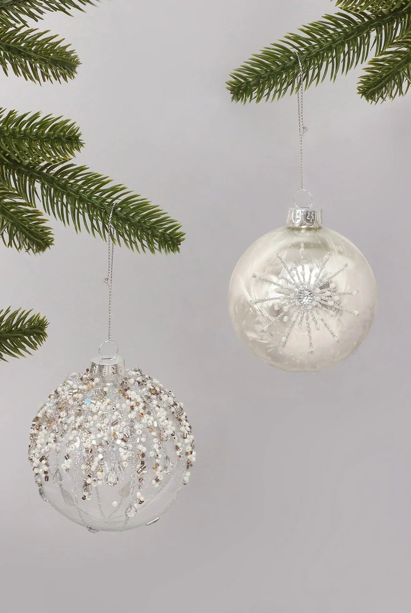 Glass Bauble with Beads and Silver Frosted Glass Bauble with Snowflake Design - G Decor
