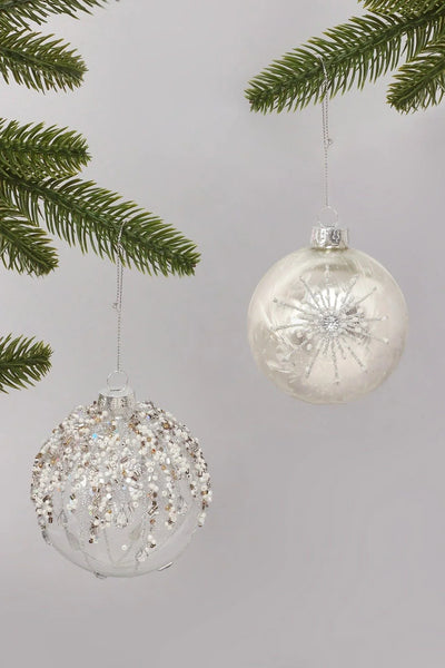 Silver Frosted Glass Christmas Bauble with Beads and Snowflake Design