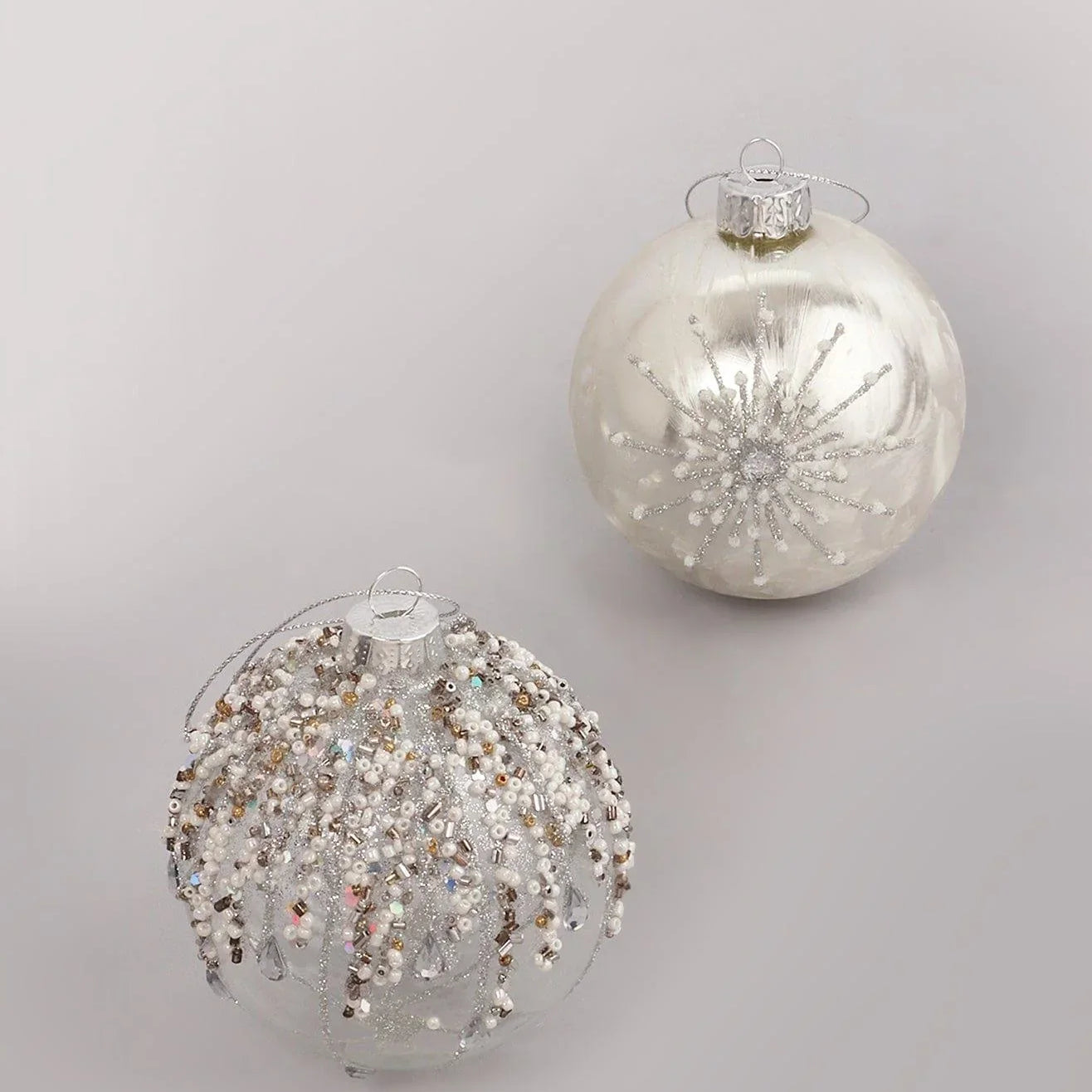 Glass Bauble with Beads and Silver Frosted Glass Bauble with Snowflake Design - G Decor