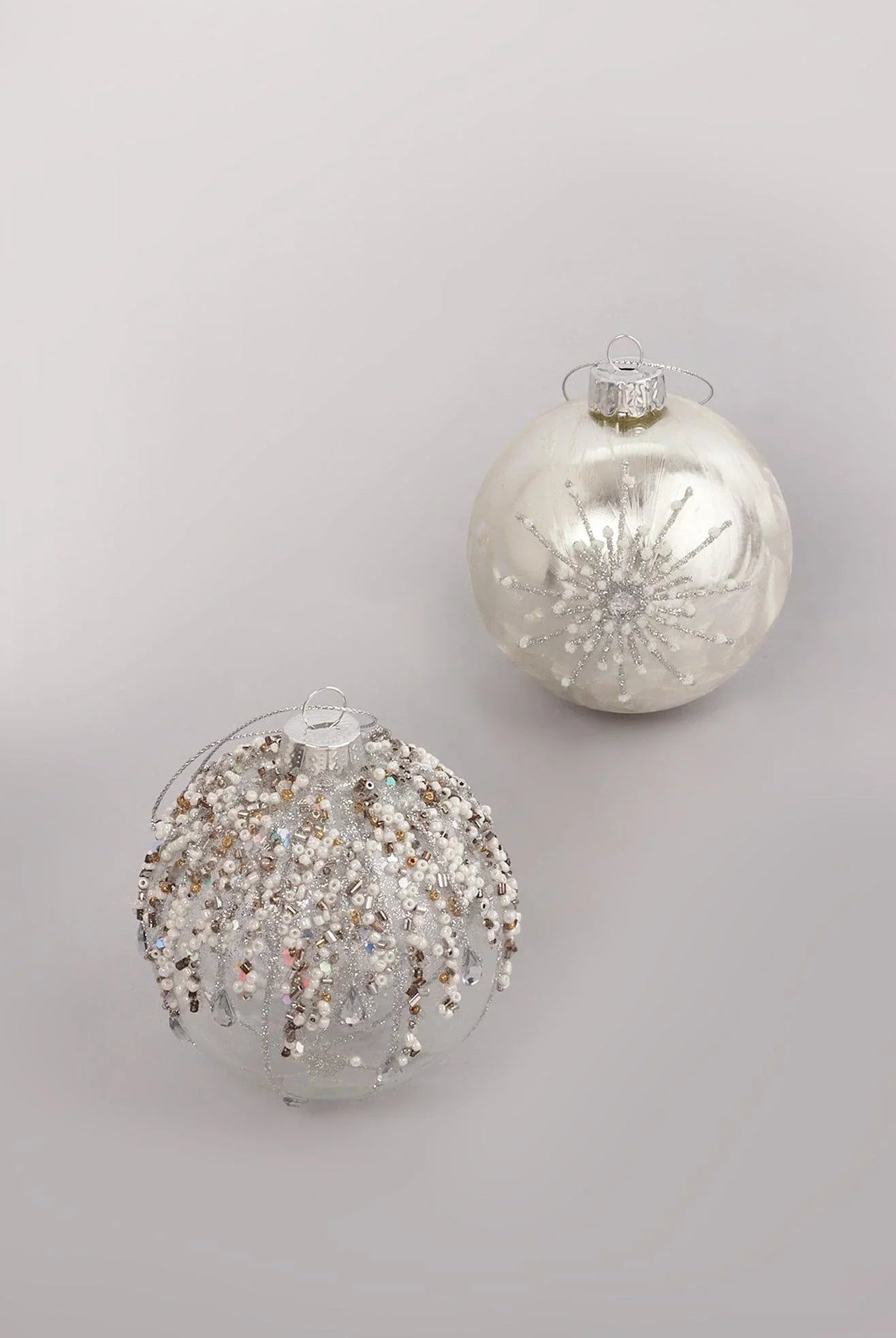 Glass Bauble with Beads and Silver Frosted Glass Bauble with Snowflake Design - G Decor