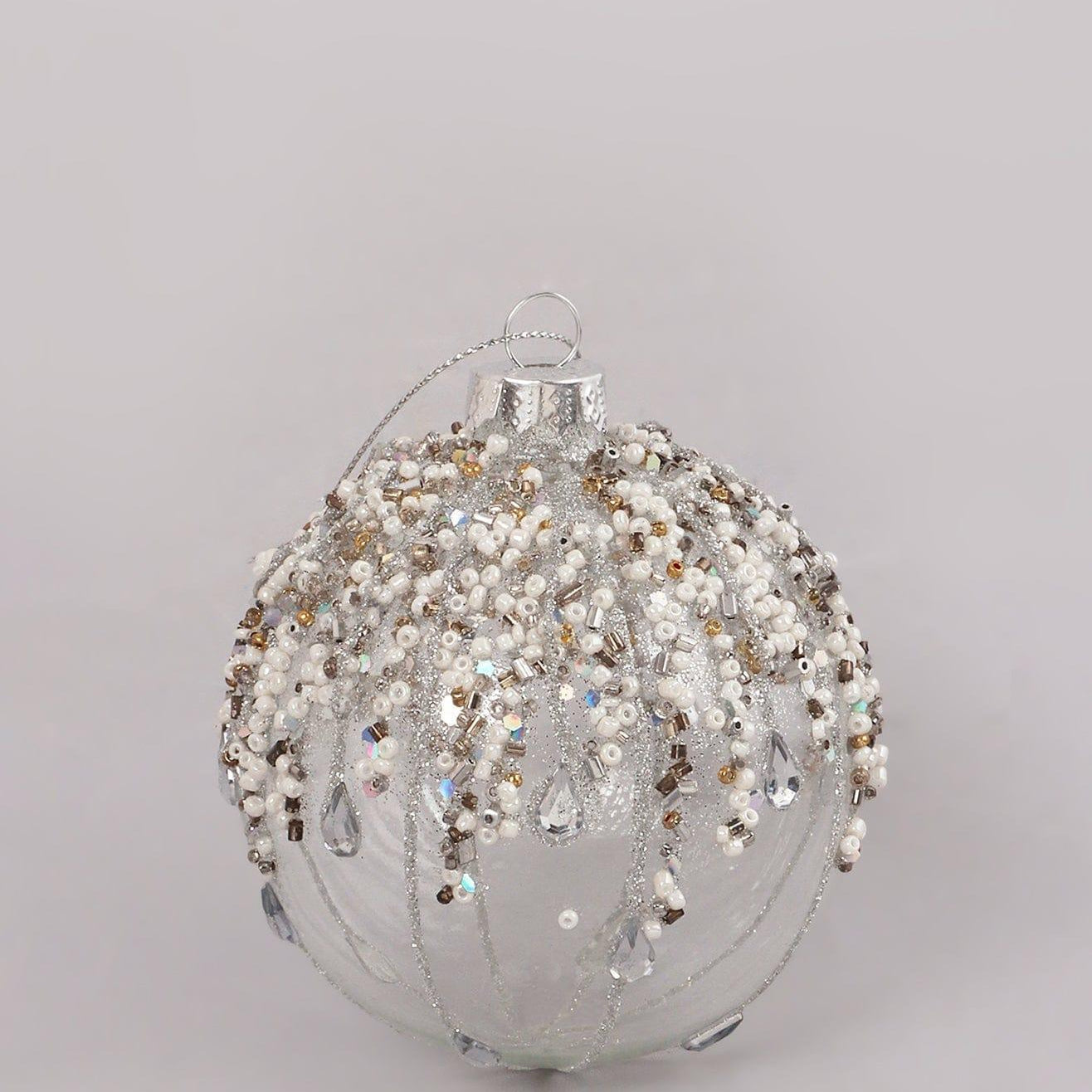 Glass Bauble with Beads and Silver Frosted Glass Bauble with Snowflake Design - G Decor