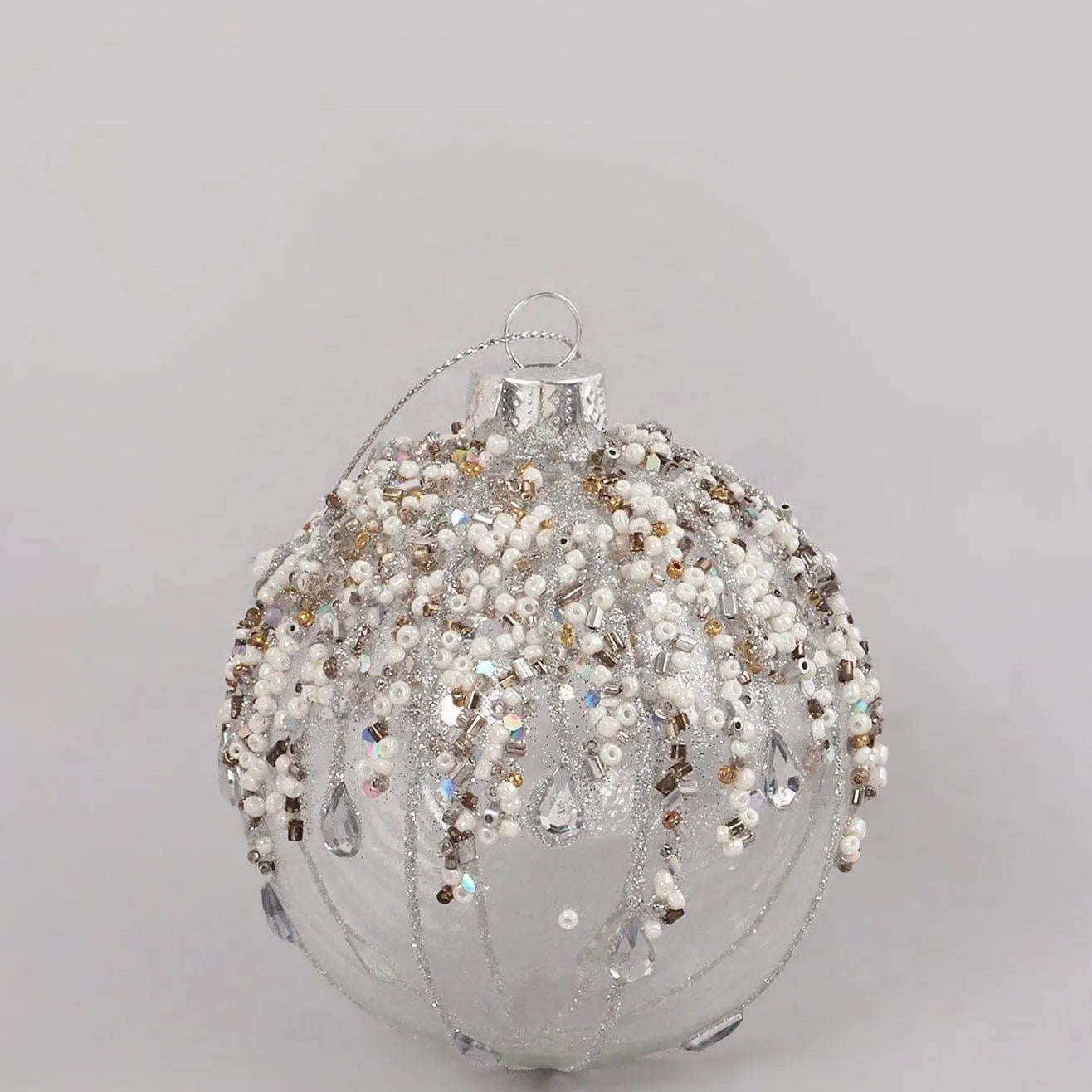 Glass Bauble with Beads and Silver Frosted Glass Bauble with Snowflake Design - G Decor