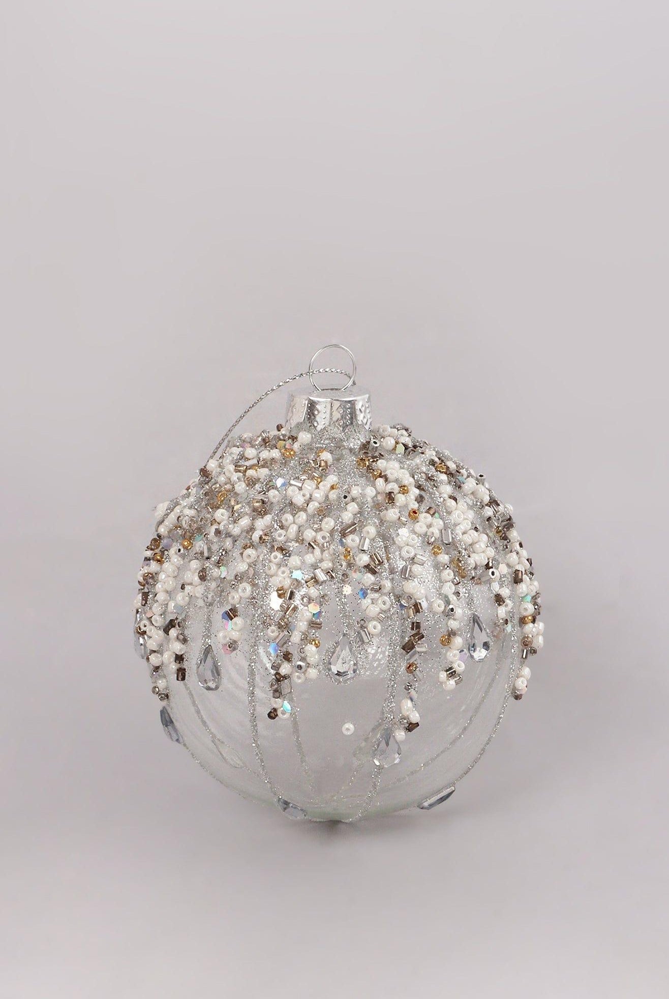 Glass Bauble with Beads and Silver Frosted Glass Bauble with Snowflake Design - G Decor