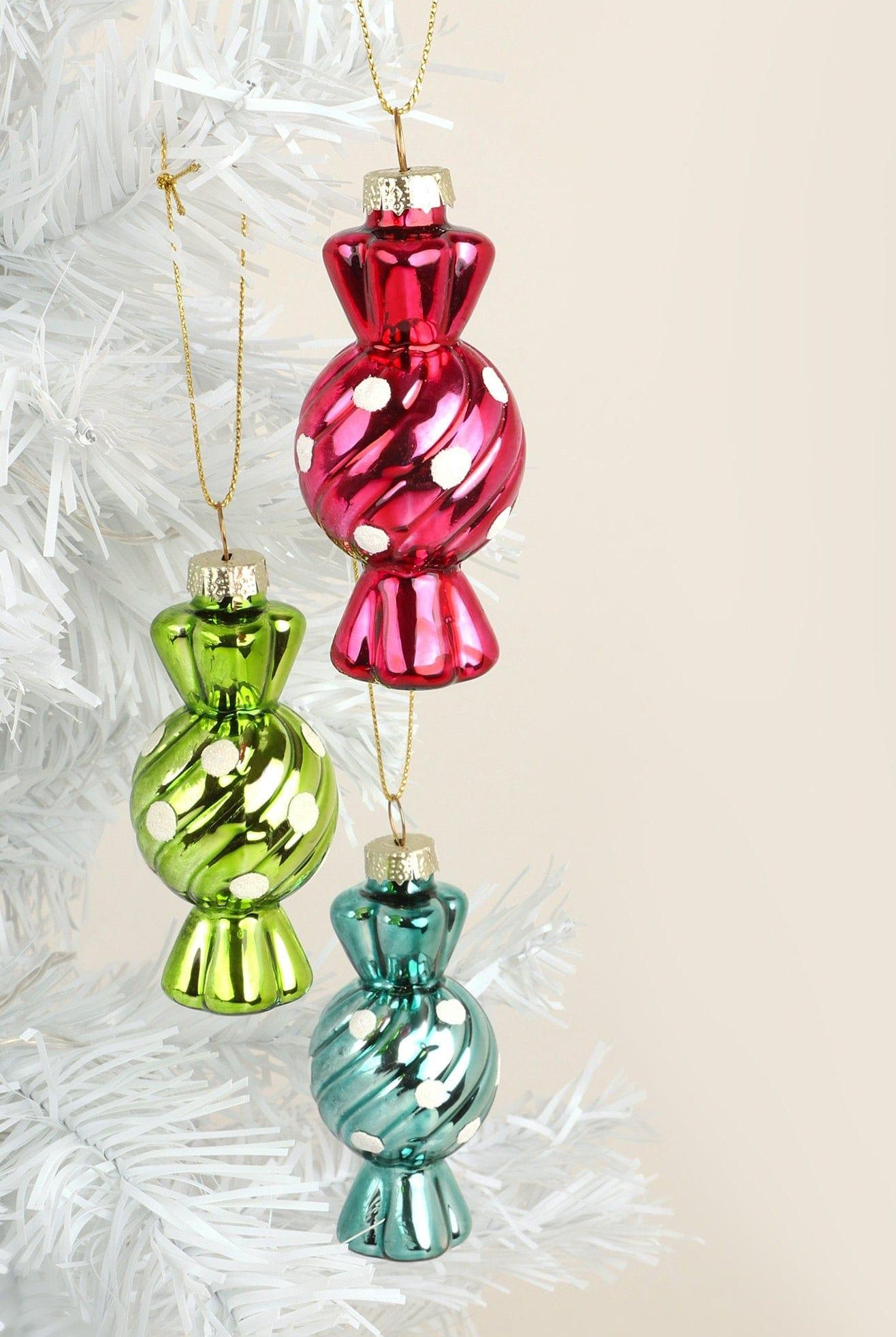 Glass Candy Ornaments Set of 3 Hand-Painted Sugar Twist Sweets Christmas Tree Baubles - G Decor