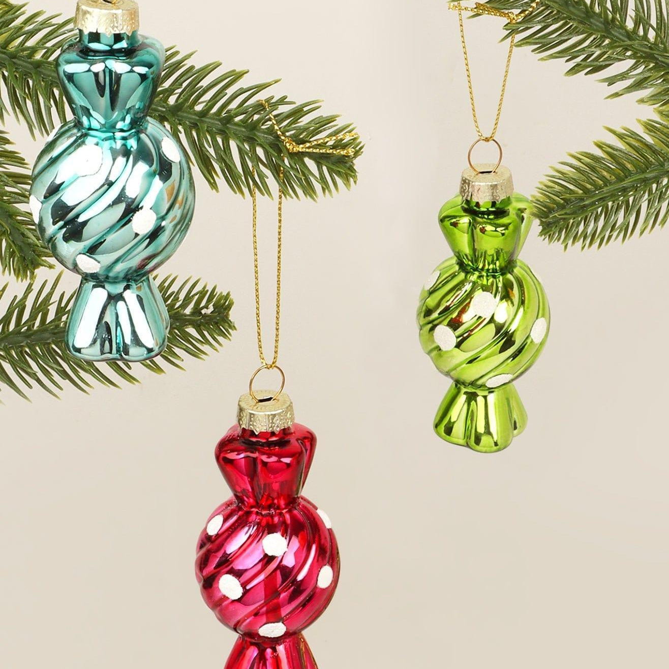 Glass Candy Ornaments Set of 3 Hand-Painted Sugar Twist Sweets Christmas Tree Baubles - G Decor