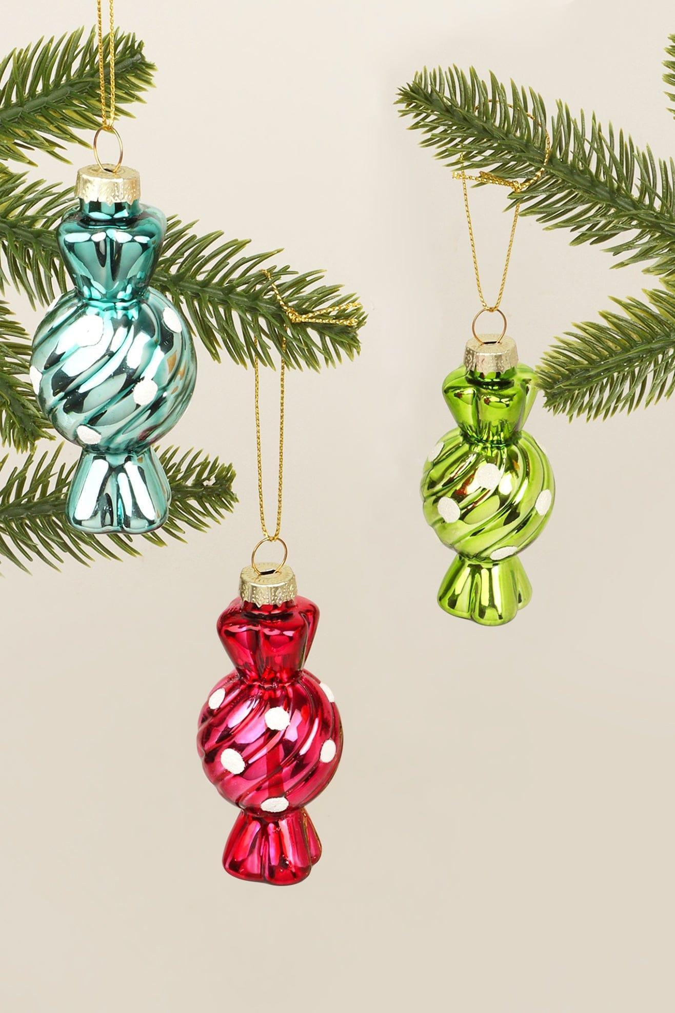 Glass Candy Ornaments Set of 3 Hand-Painted Sugar Twist Sweets Christmas Tree Baubles - G Decor