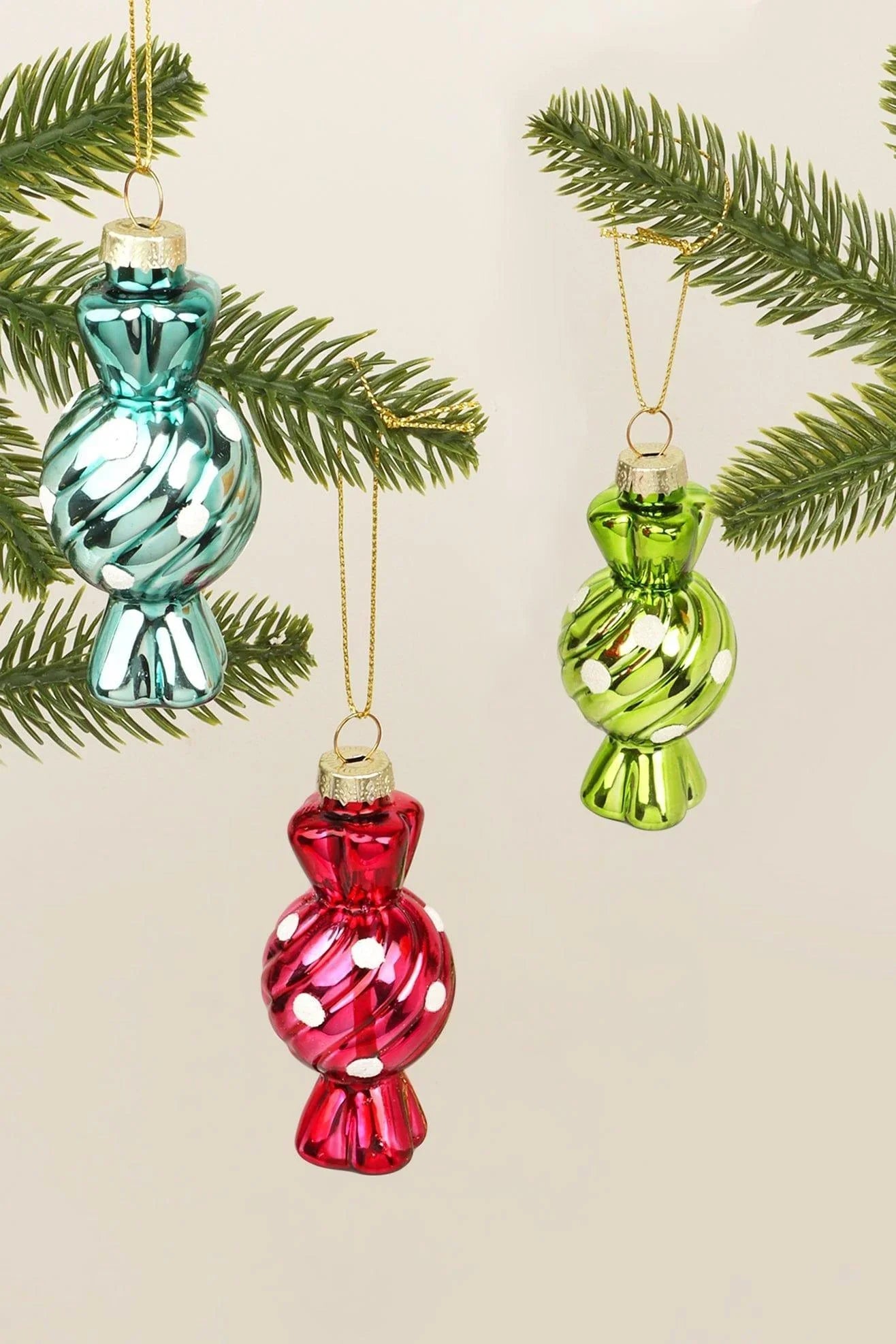 Glass Candy Ornaments Set of 3 Hand-Painted Sugar Twist Sweets Christmas Tree Baubles - G Decor