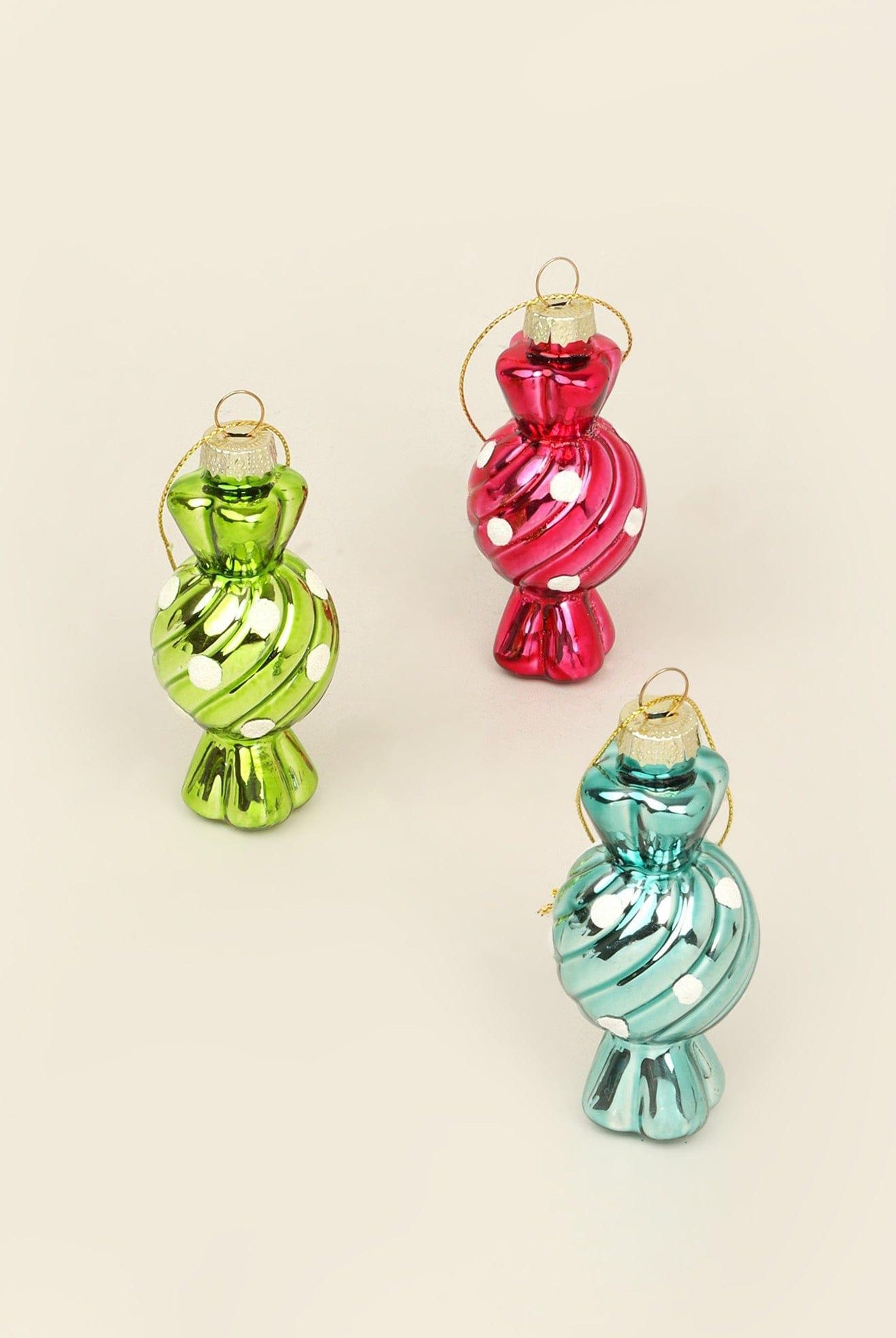 Glass Candy Ornaments Set of 3 Hand-Painted Sugar Twist Sweets Christmas Tree Baubles - G Decor