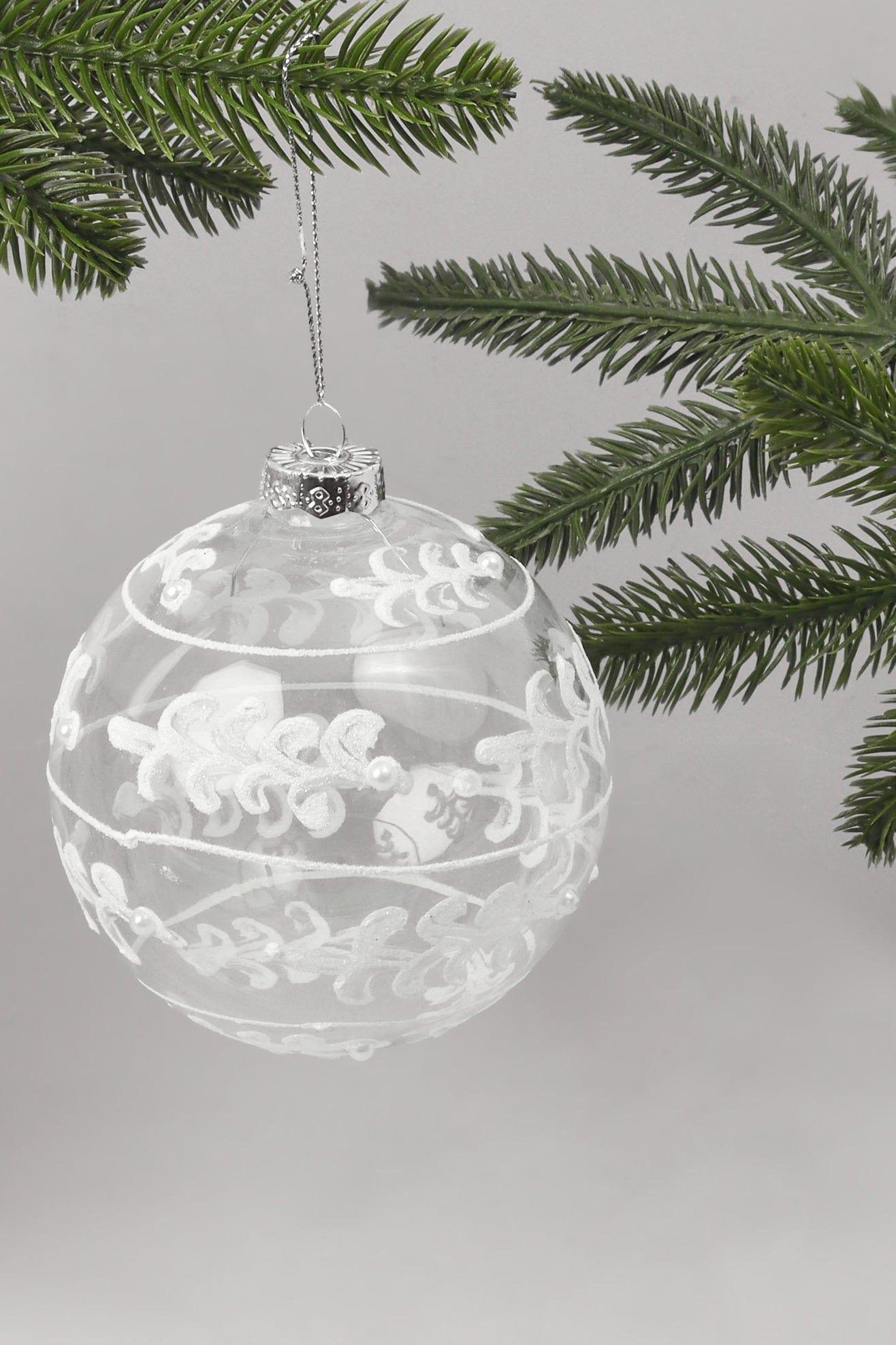 Glass Christmas Tree Bauble with White and Silver Glitter Patterning - G Decor