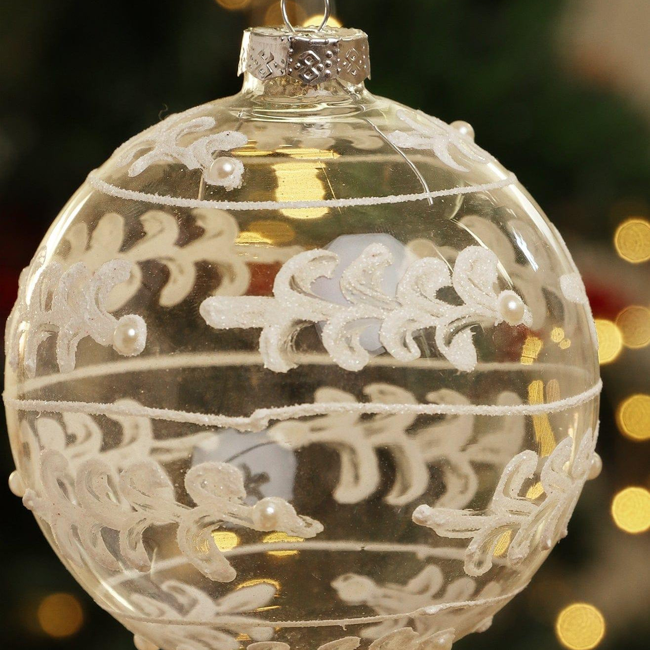 Glass Christmas Tree Bauble with White and Silver Glitter Patterning - G Decor