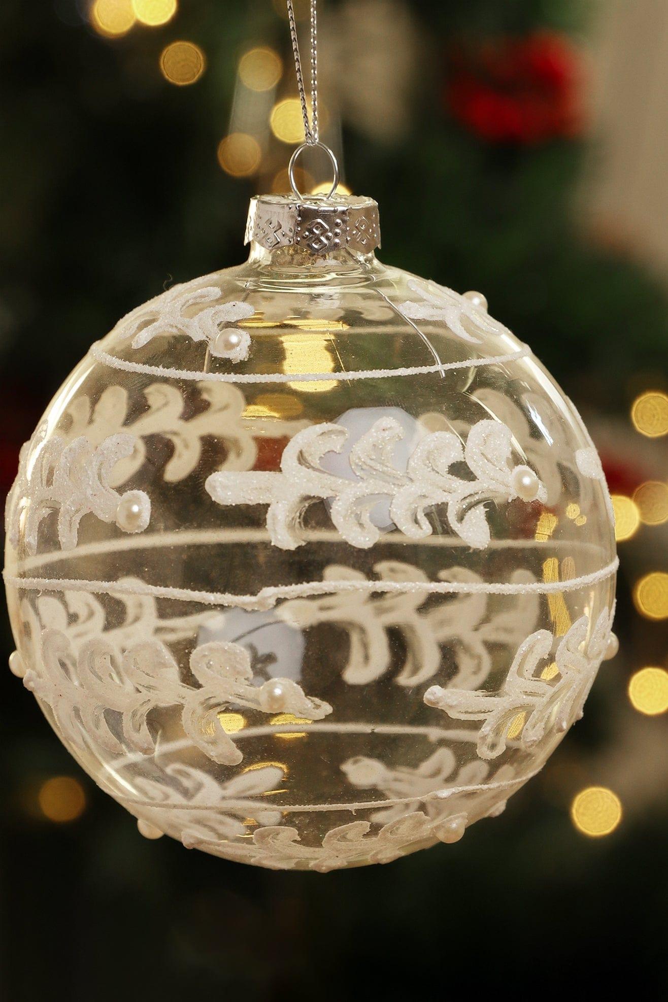 Glass Christmas Tree Bauble with White and Silver Glitter Patterning - G Decor