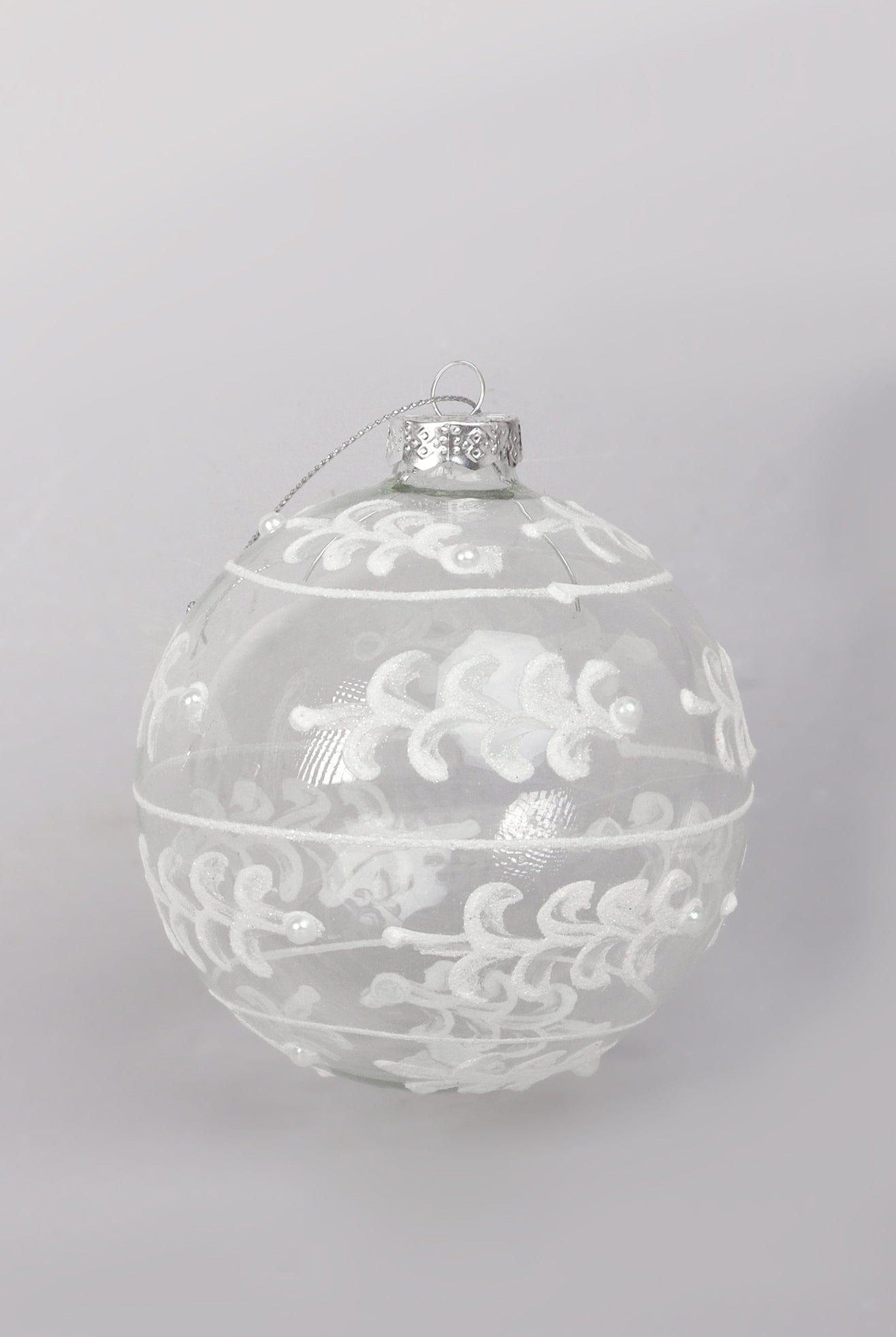 Glass Christmas Tree Bauble with White and Silver Glitter Patterning - G Decor