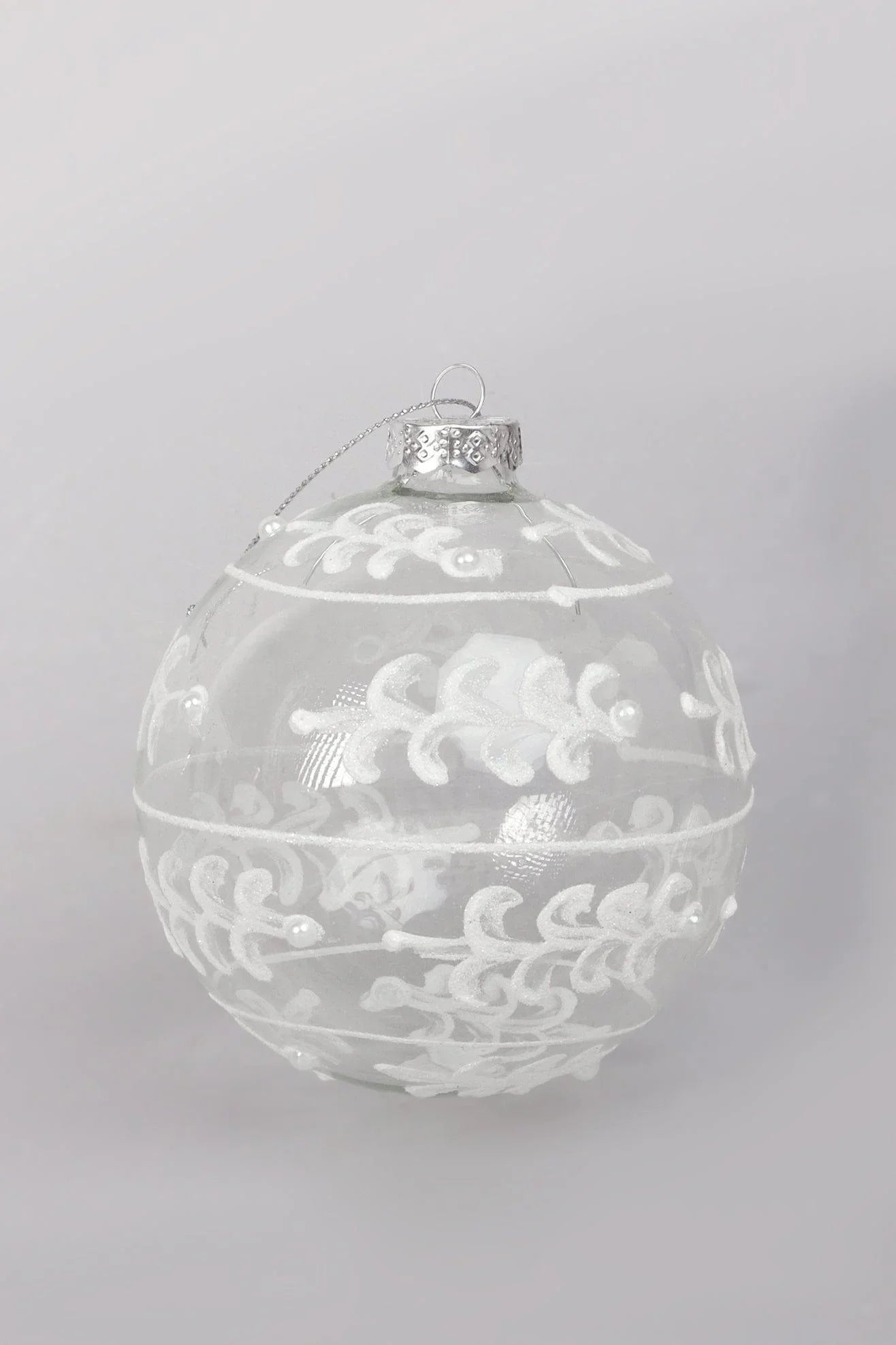 White Frost Sonata Hand-Painted Glass Christmas Bauble with Lacework — close-up view, G Decor