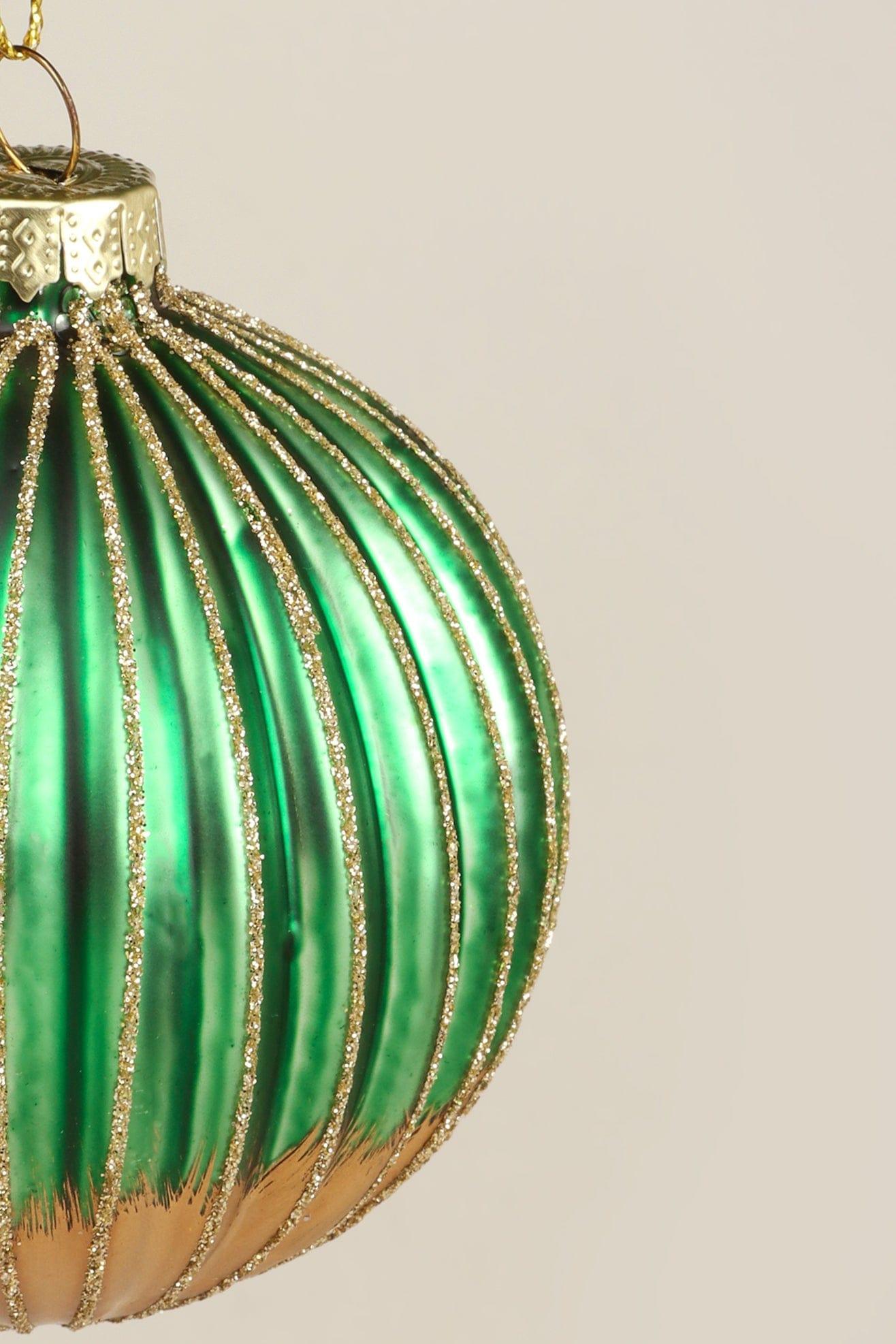 Glass Green and Gold Ribbed Christmas Tree Decoration - G Decor