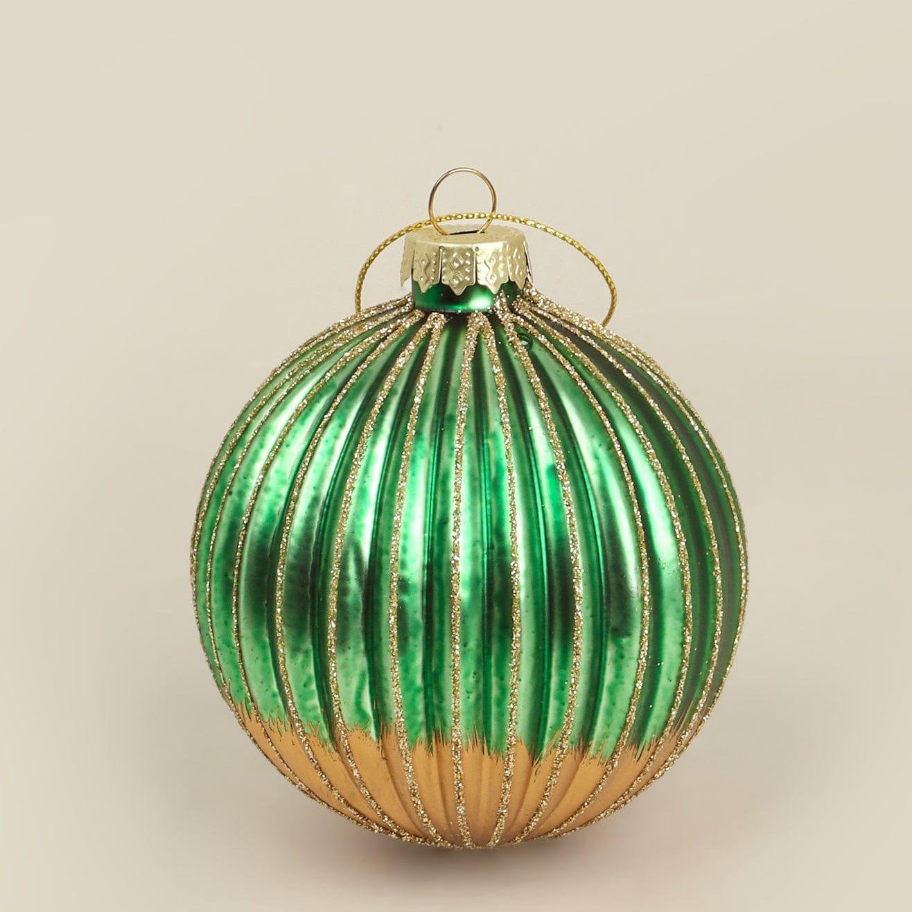 Glass Green and Gold Ribbed Christmas Tree Decoration - G Decor