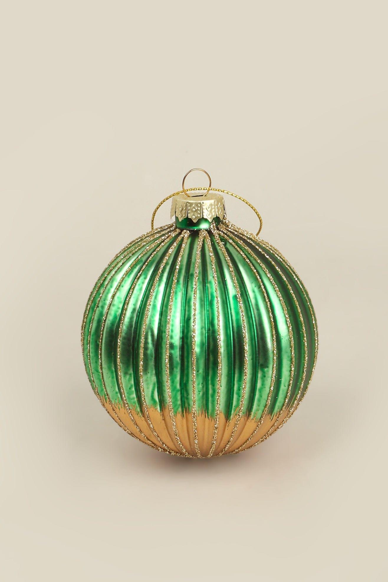 Glass Green and Gold Ribbed Christmas Tree Decoration - G Decor