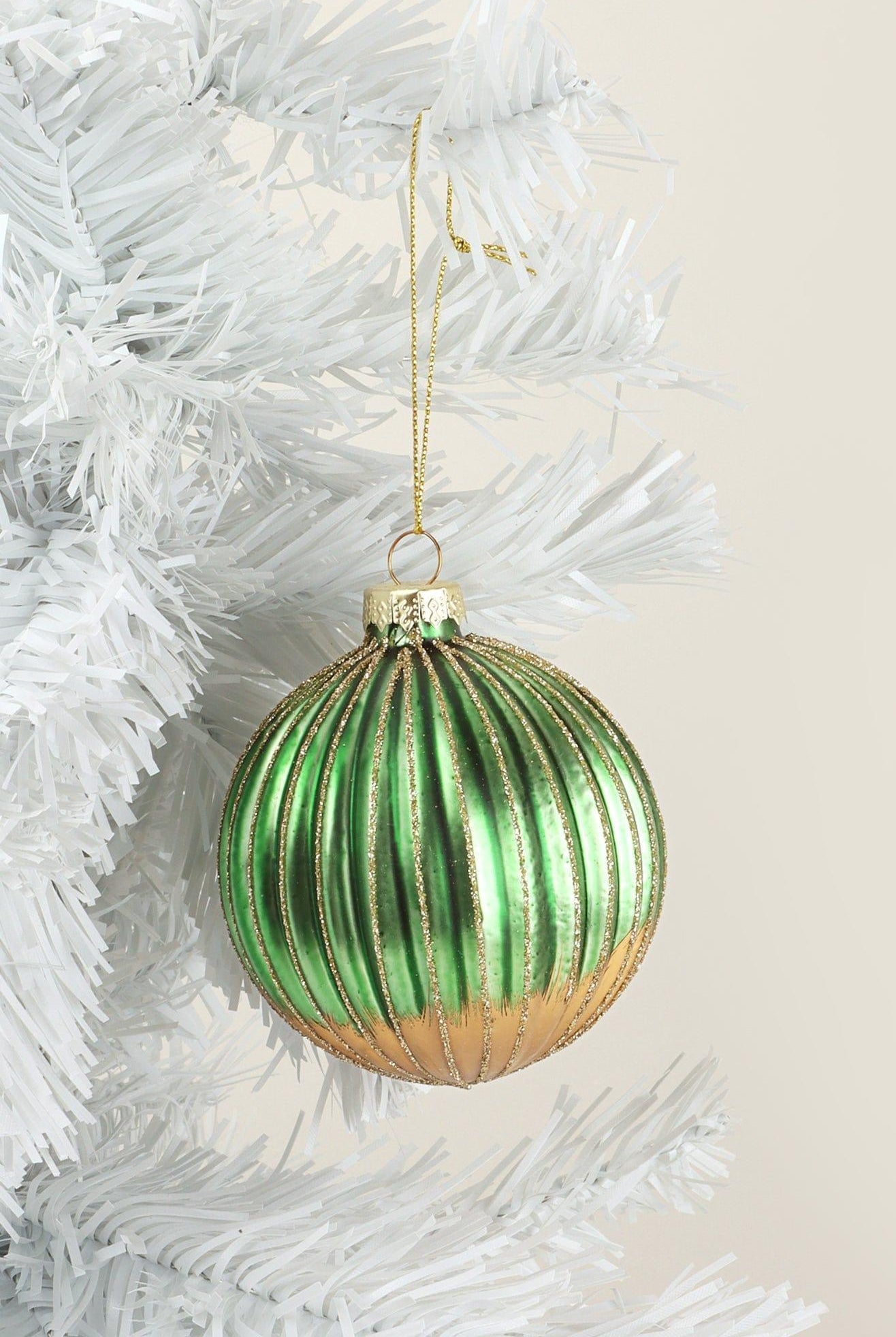 Glass Green and Gold Ribbed Christmas Tree Decoration - G Decor