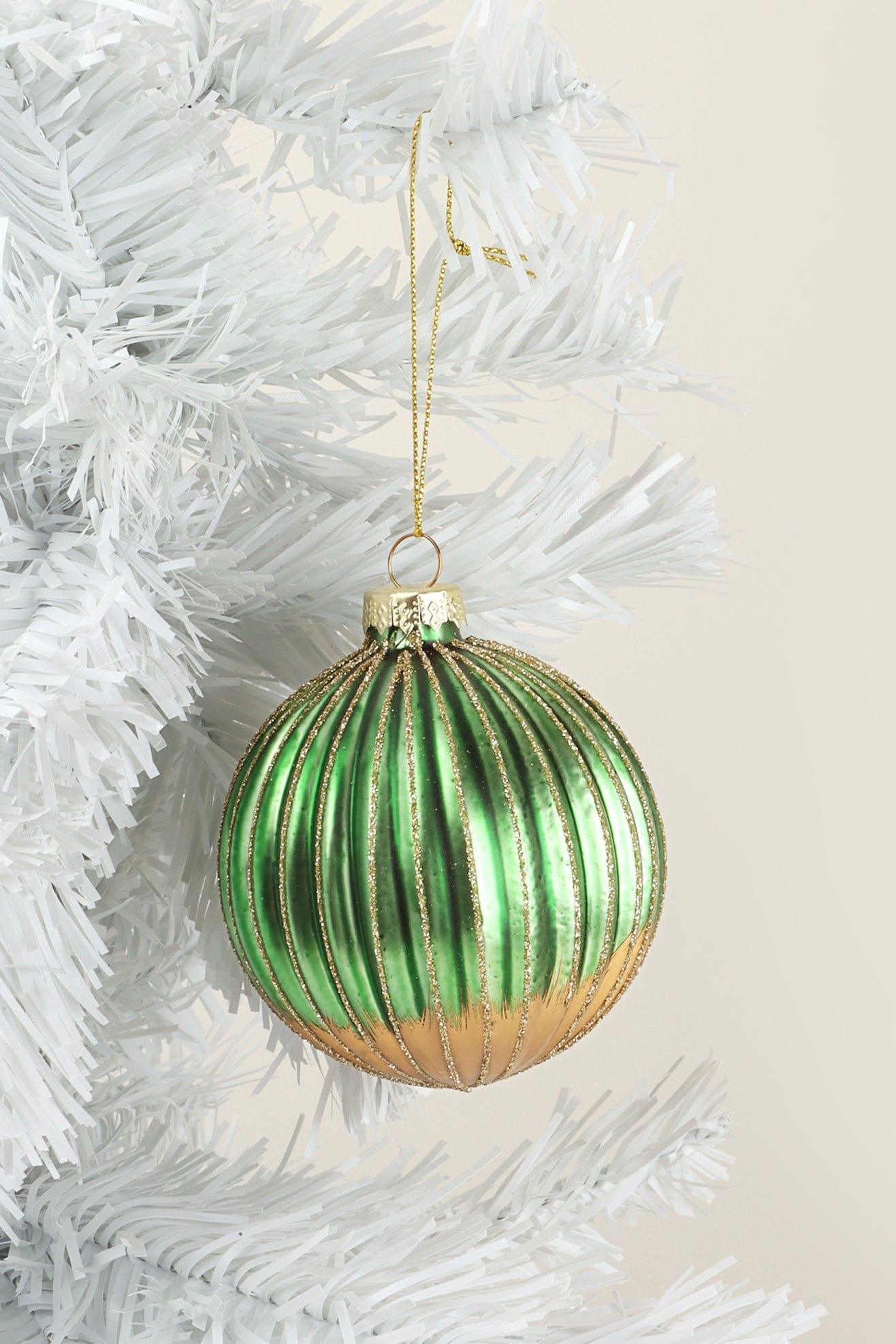 Glass Green and Gold Ribbed Christmas Tree Decoration - G Decor