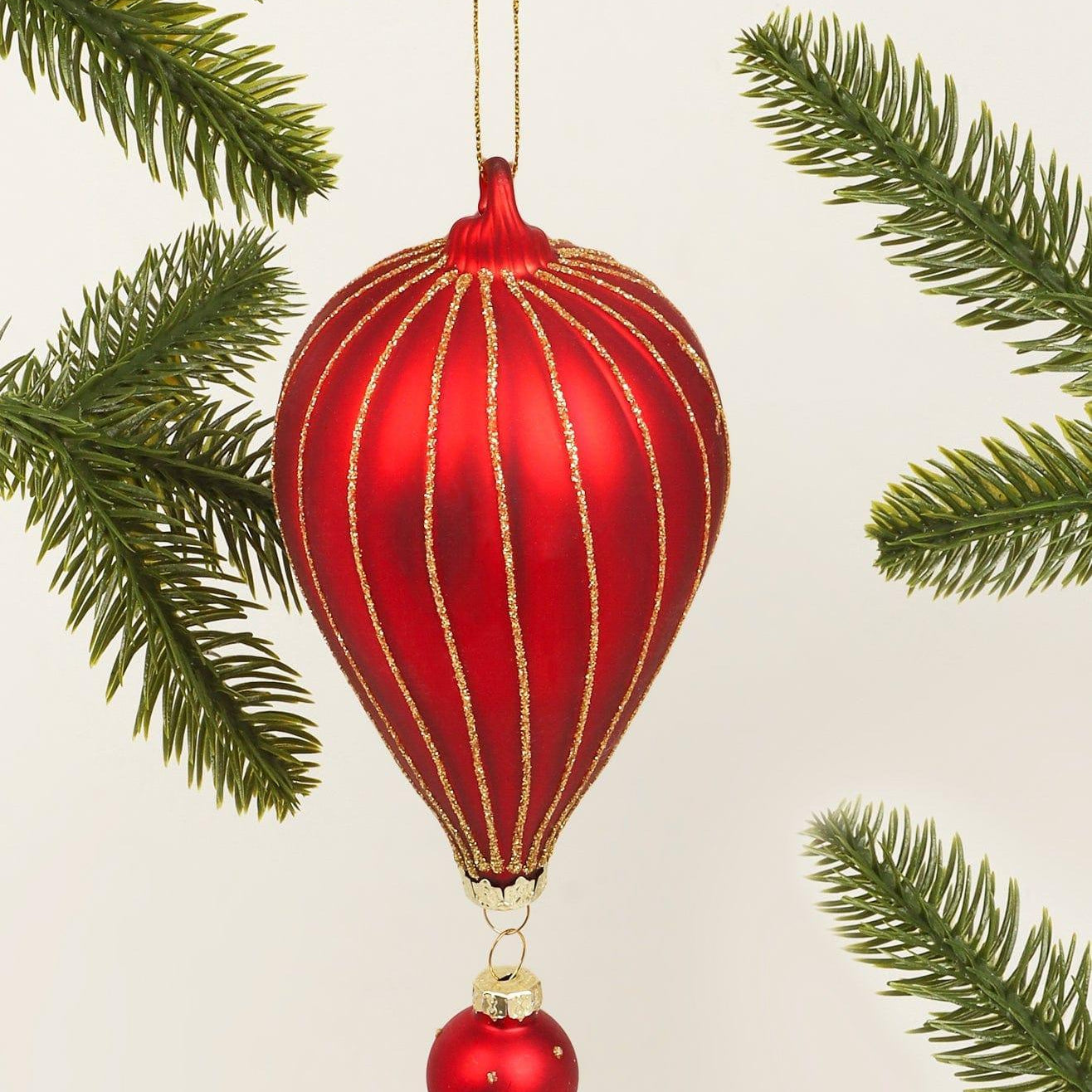 Glass Hot Air Balloon Hand-Painted Christmas Bauble Red and Gold Hanging Tree Decoration - G Decor