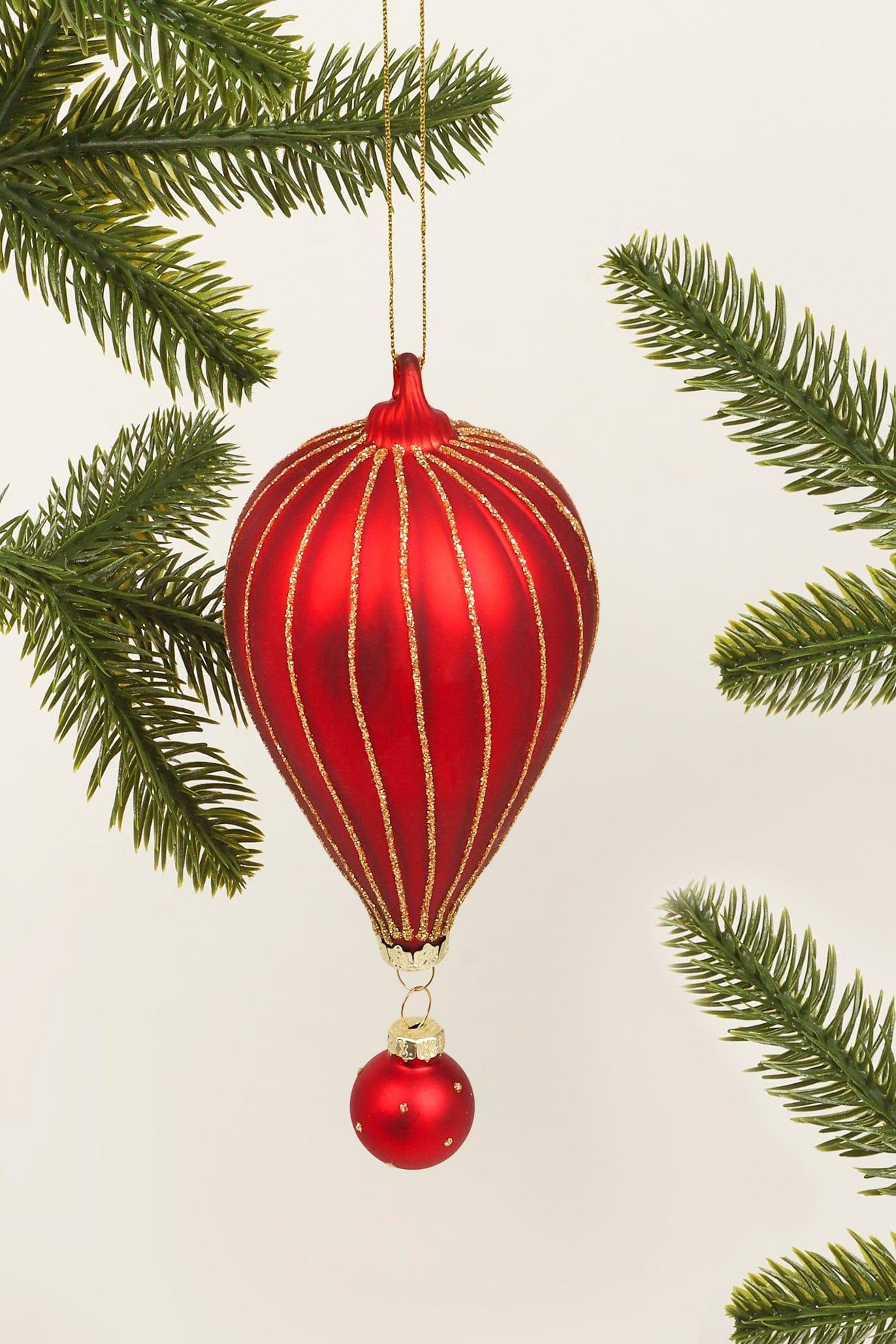 Glass Hot Air Balloon Hand-Painted Christmas Bauble Red and Gold Hanging Tree Decoration - G Decor