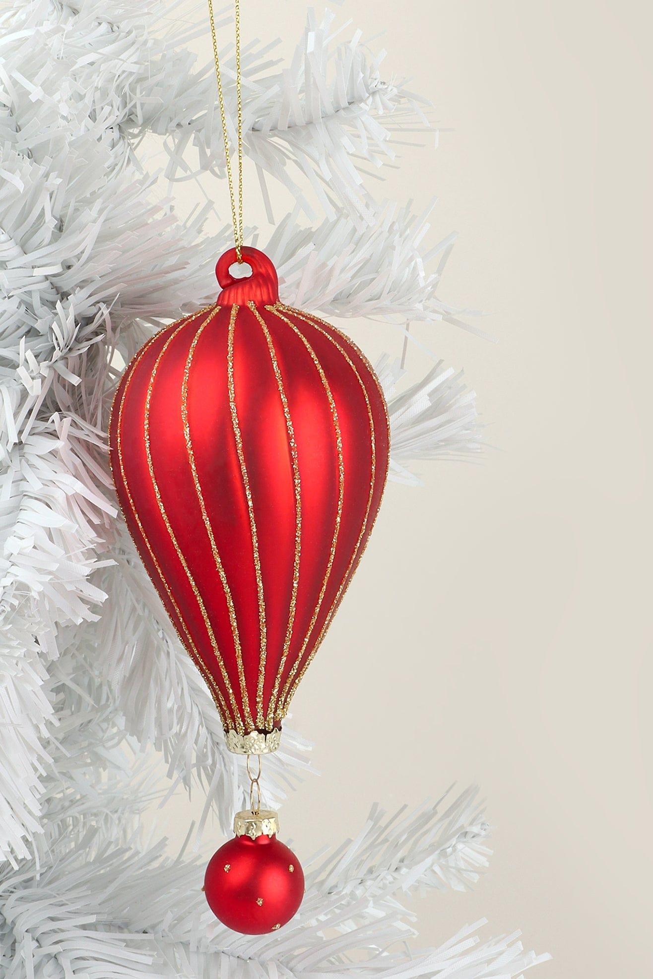 Glass Hot Air Balloon Hand-Painted Christmas Bauble Red and Gold Hanging Tree Decoration - G Decor