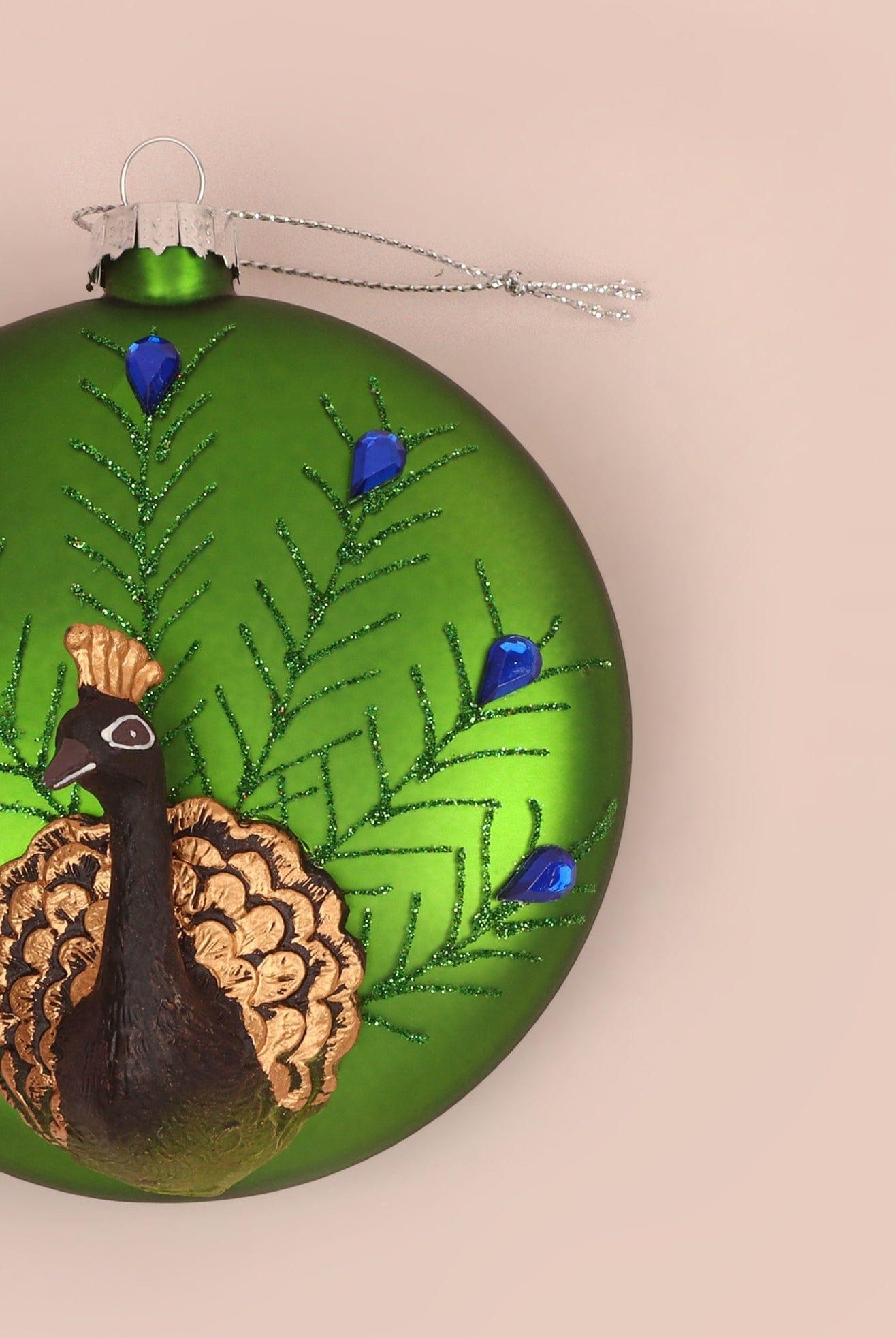 Glass Majestic Peacock Hand-Blown & Hand-Painted Christmas Tree Bauble Green Hanging Ornament - G Decor