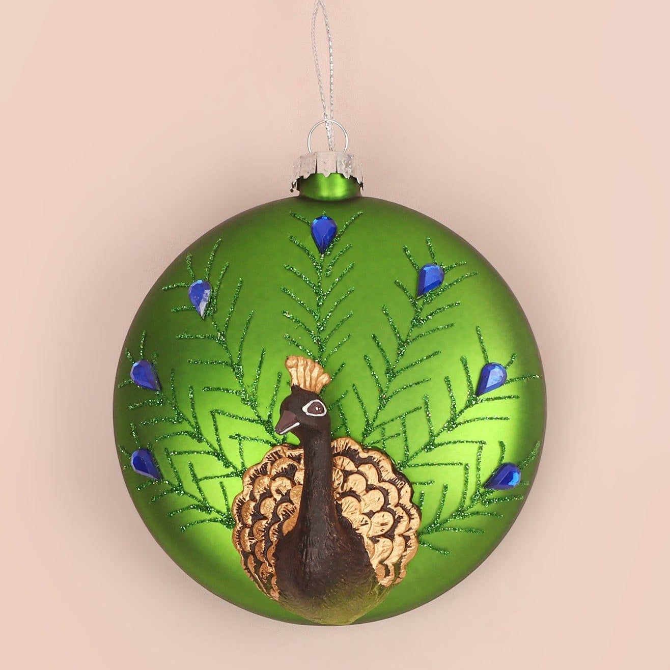 Glass Majestic Peacock Hand-Blown & Hand-Painted Christmas Tree Bauble Green Hanging Ornament - G Decor