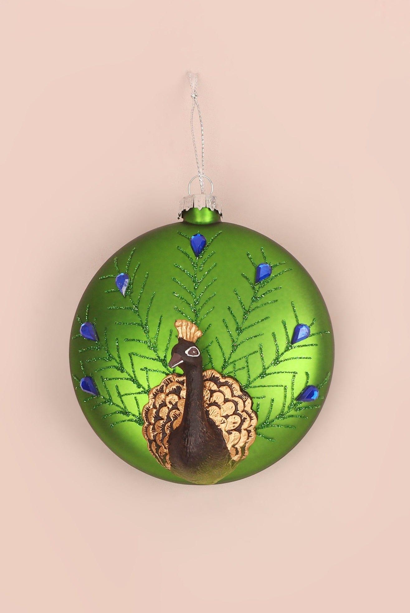 Glass Majestic Peacock Hand-Blown & Hand-Painted Christmas Tree Bauble Green Hanging Ornament - G Decor