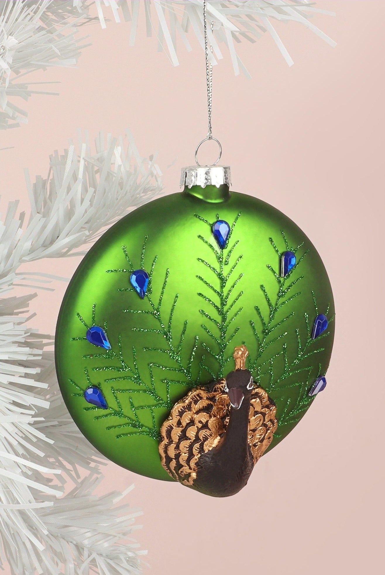Glass Majestic Peacock Hand-Blown & Hand-Painted Christmas Tree Bauble Green Hanging Ornament - G Decor