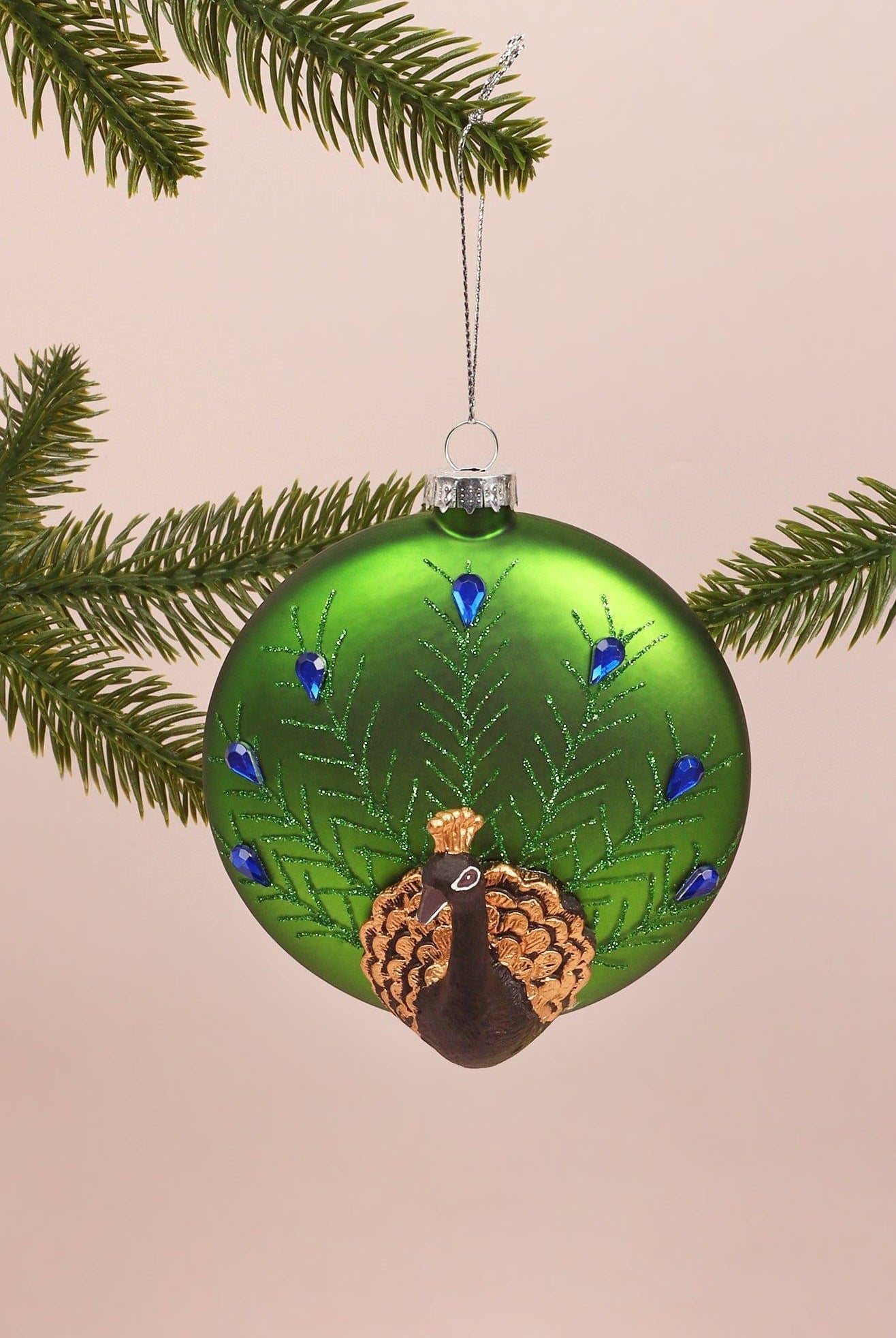 Glass Majestic Peacock Hand-Blown & Hand-Painted Christmas Tree Bauble Green Hanging Ornament - G Decor