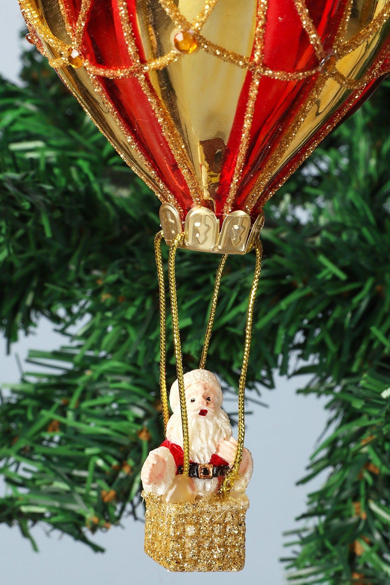 Glass North Pole Santa Hot Air Balloon Ride Hand-Blown & Hand-Painted Hanging Ornament & Christmas Tree Decoration Bauble - G Decor