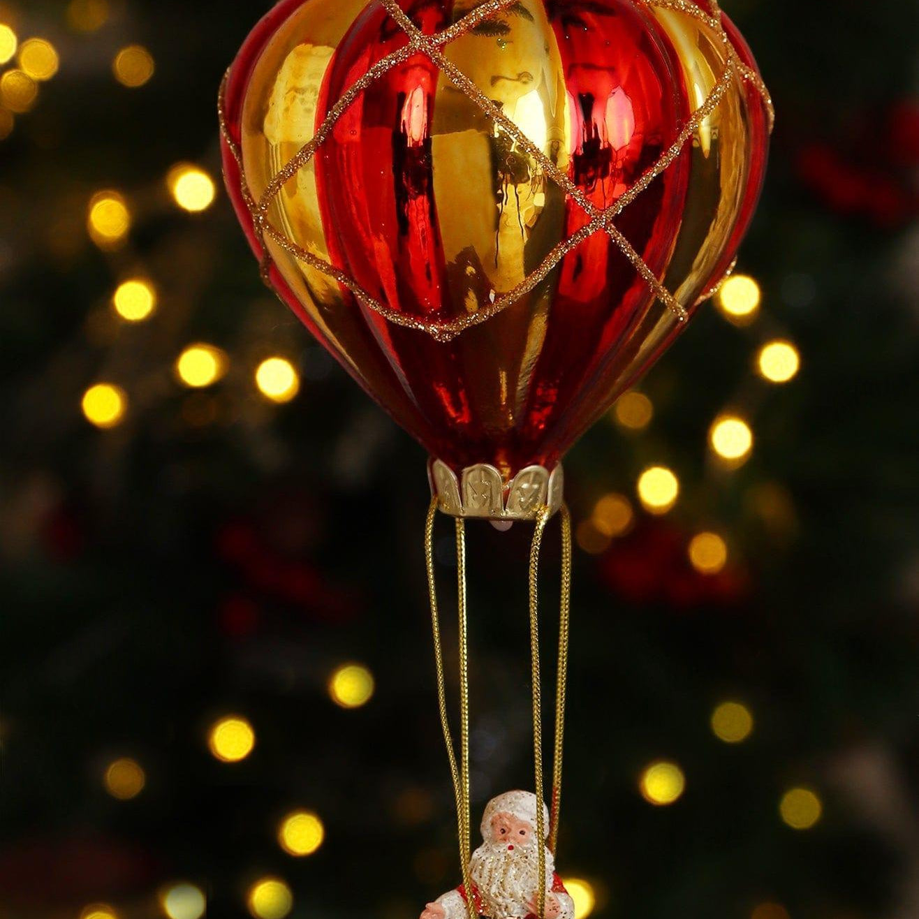Glass North Pole Santa Hot Air Balloon Ride Hand-Blown & Hand-Painted Hanging Ornament & Christmas Tree Decoration Bauble - G Decor