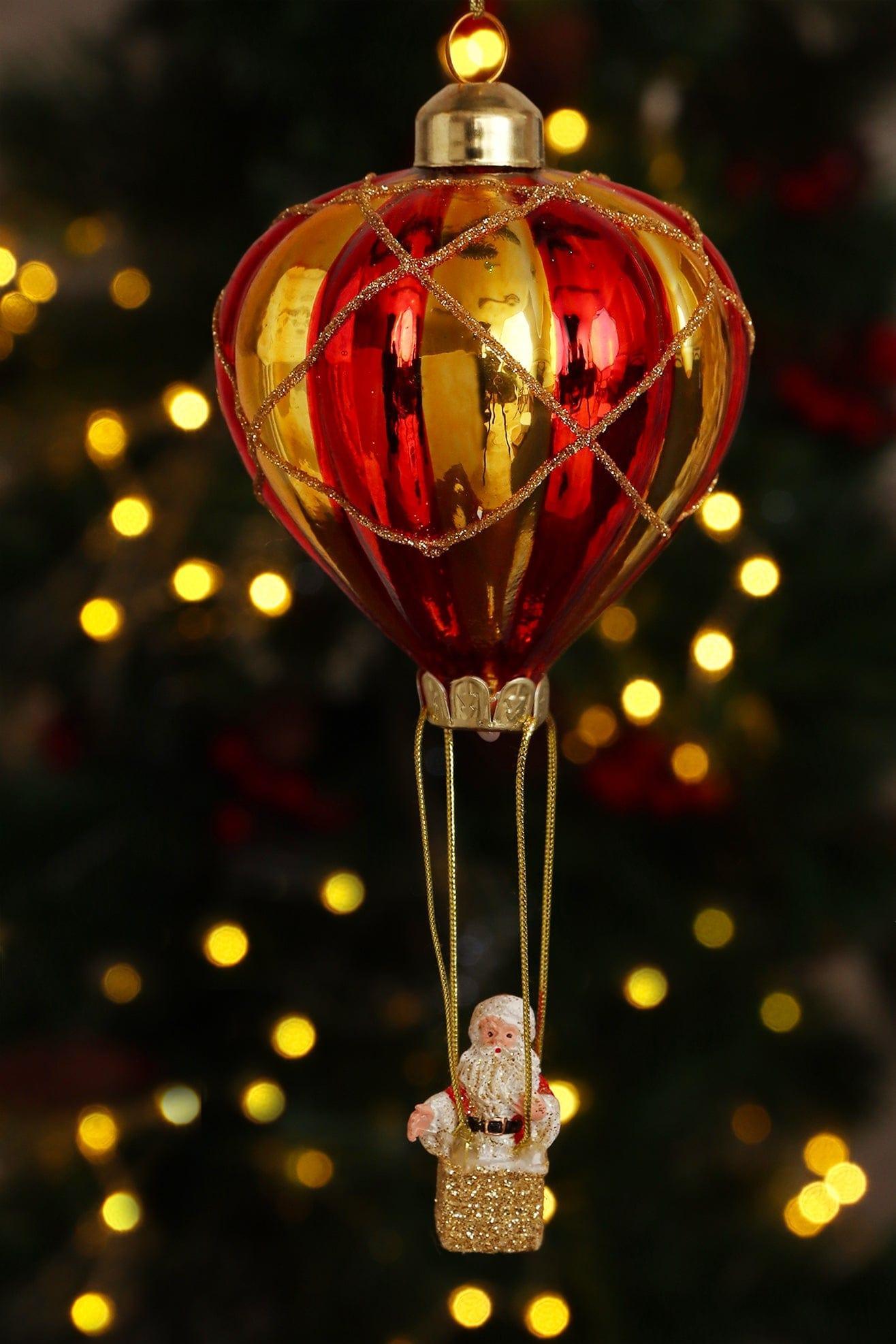 Glass North Pole Santa Hot Air Balloon Ride Hand-Blown & Hand-Painted Hanging Ornament & Christmas Tree Decoration Bauble - G Decor