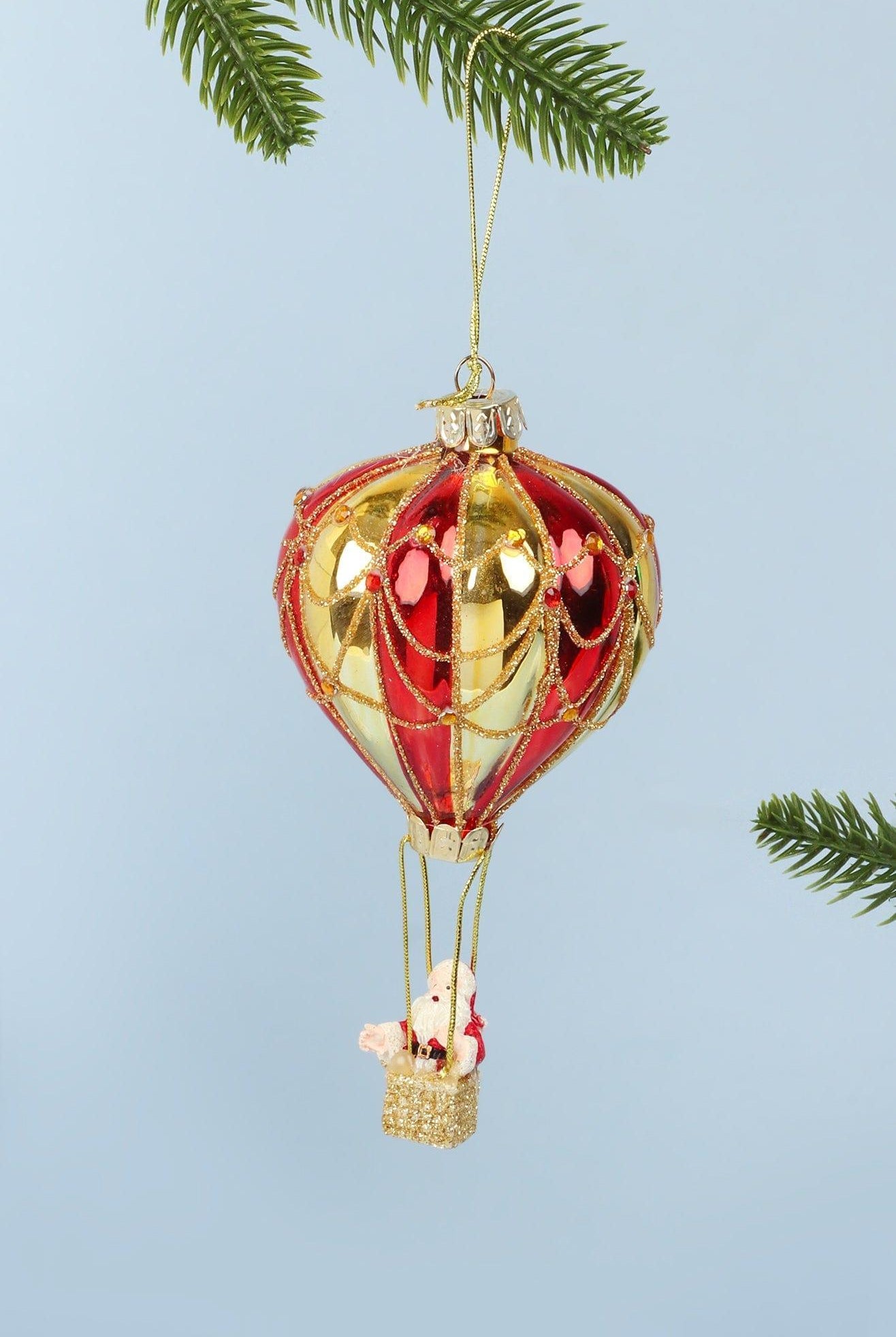 Glass North Pole Santa Hot Air Balloon Ride Hand-Blown & Hand-Painted Hanging Ornament & Christmas Tree Decoration Bauble - G Decor