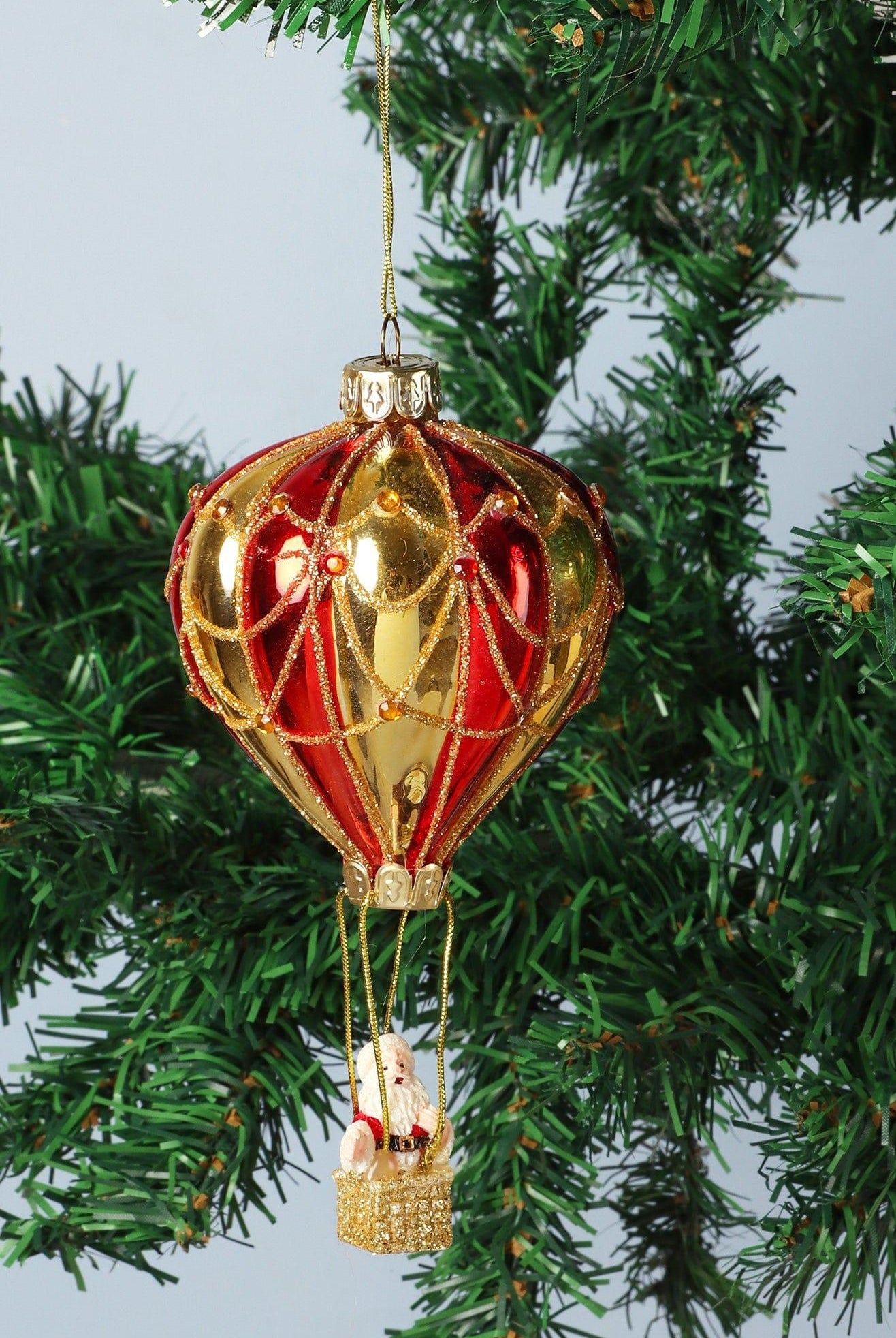Glass North Pole Santa Hot Air Balloon Ride Hand-Blown & Hand-Painted Hanging Ornament & Christmas Tree Decoration Bauble - G Decor