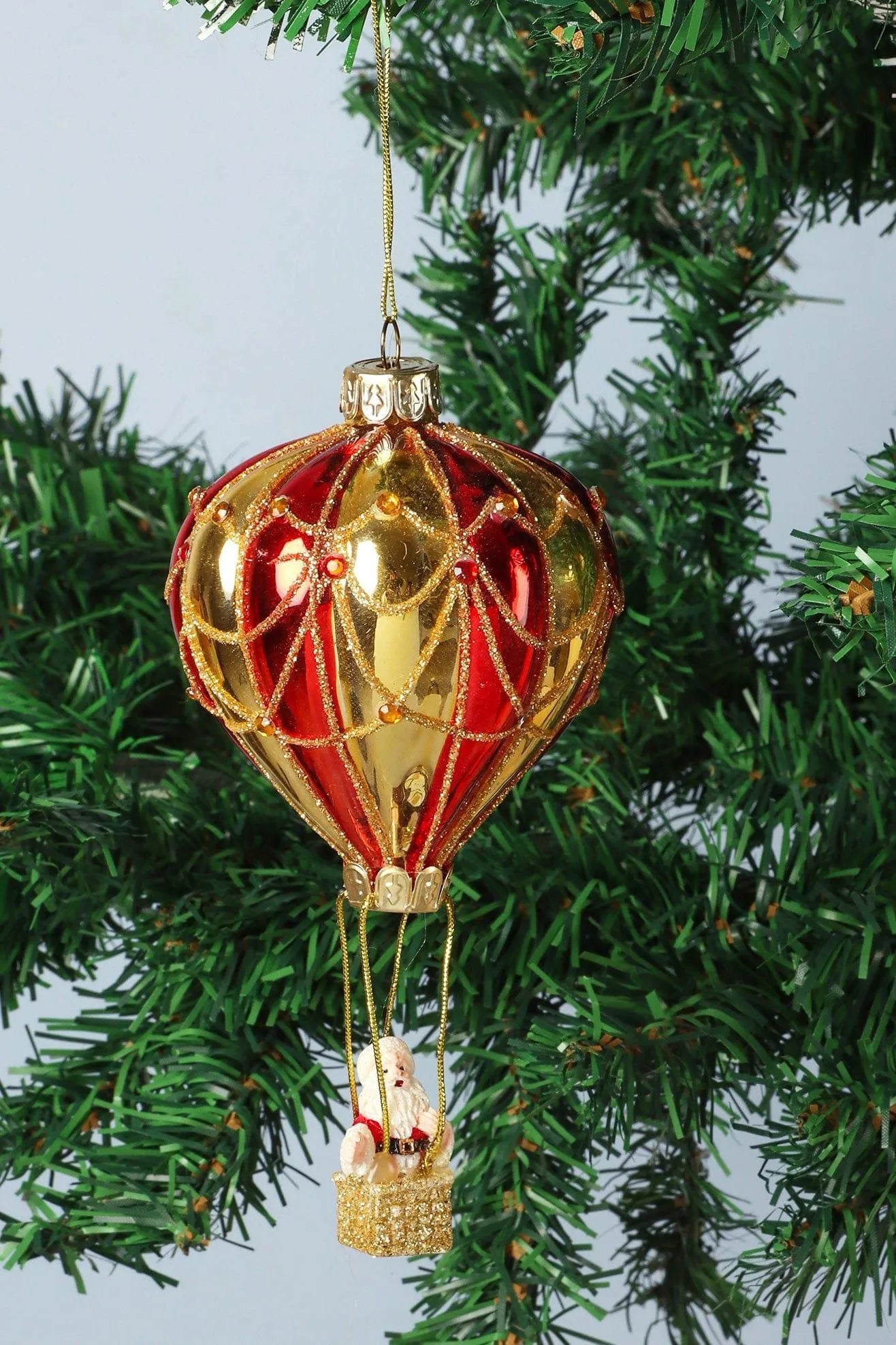 Glass North Pole Santa Hot Air Balloon Christmas Bauble — view 5, G Decor